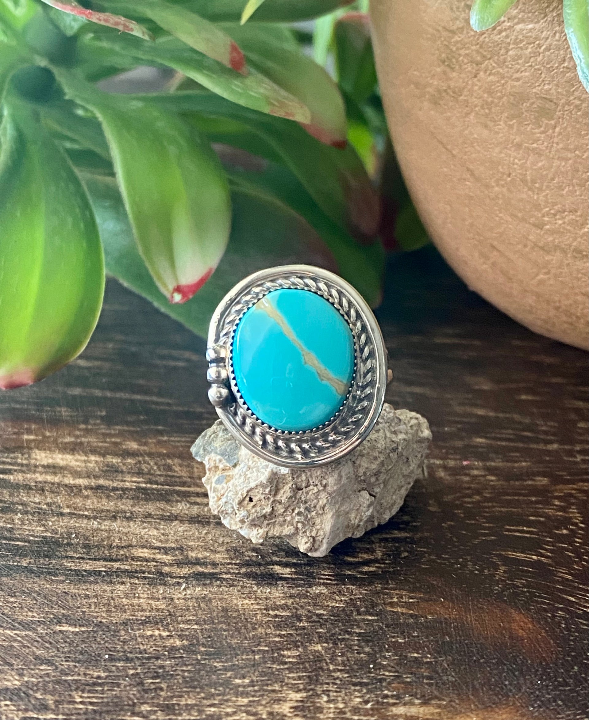 Navajo Made Royston Turquoise & Sterling Silver Ring Size 7.75