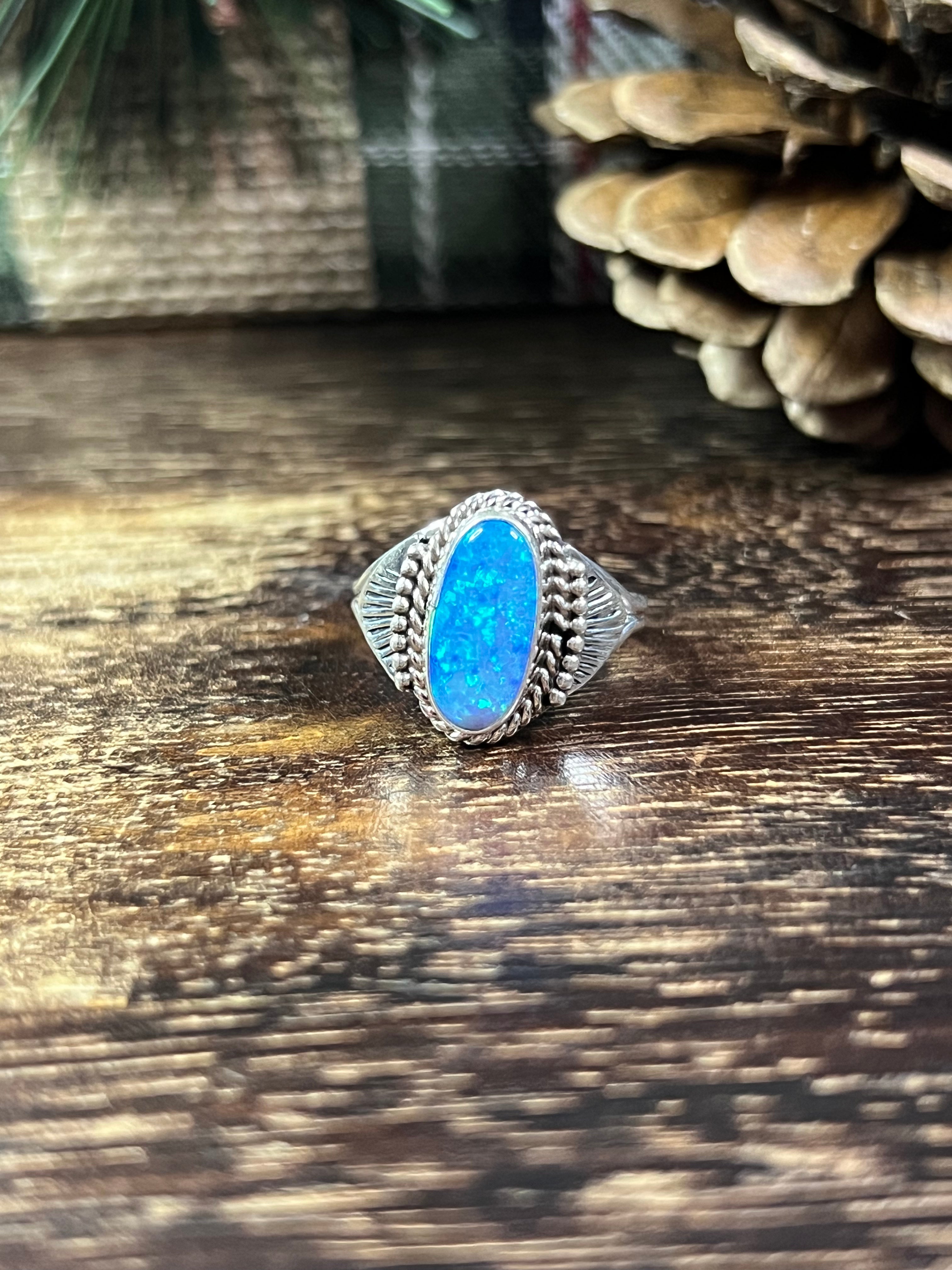 Navajo Made Blue Opal (Man Made) & Sterling Silver Ring Size 7.5