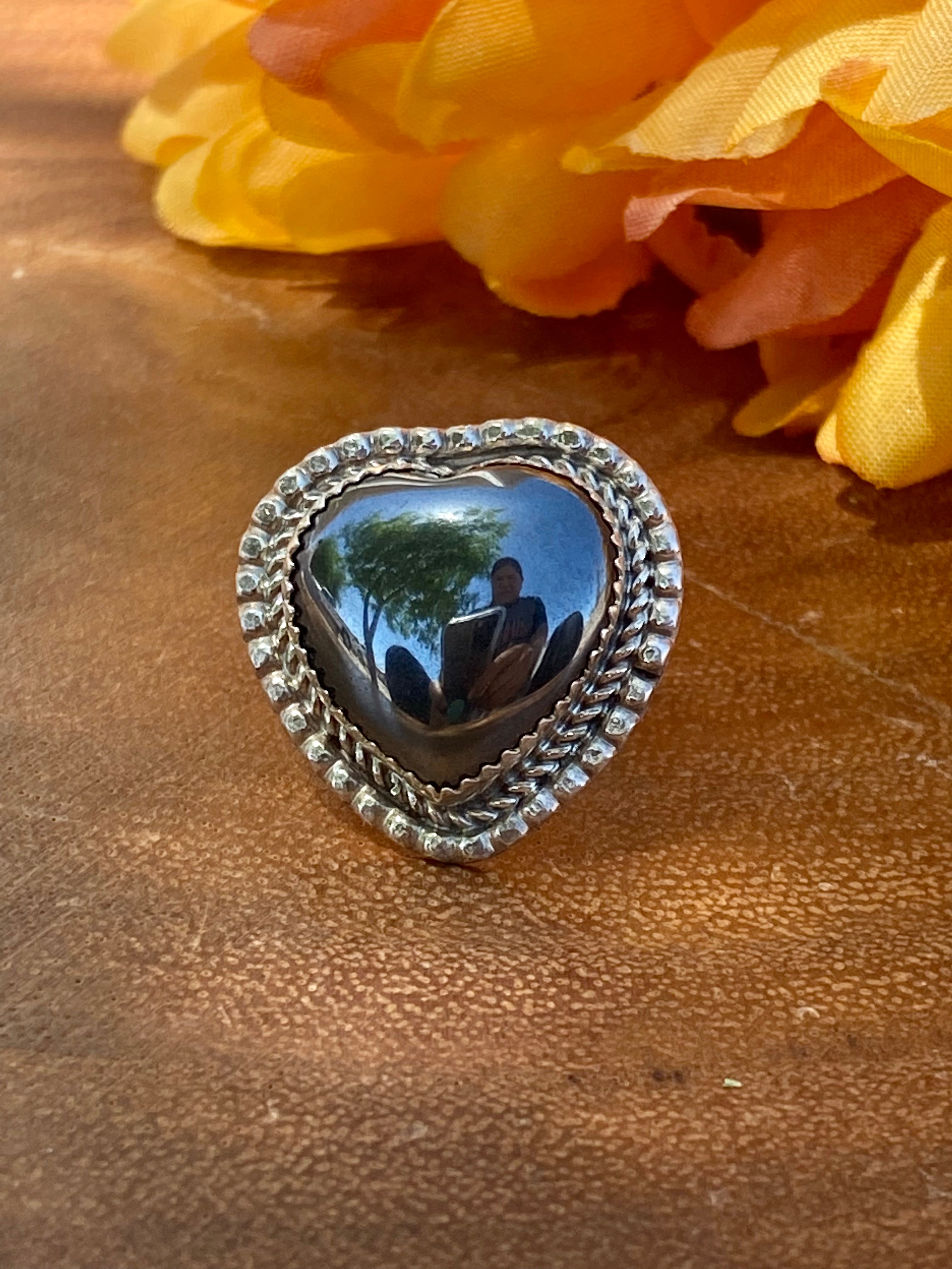 Reda Galvan Black Obsidian & Sterling Silver Heart Ring Size 6