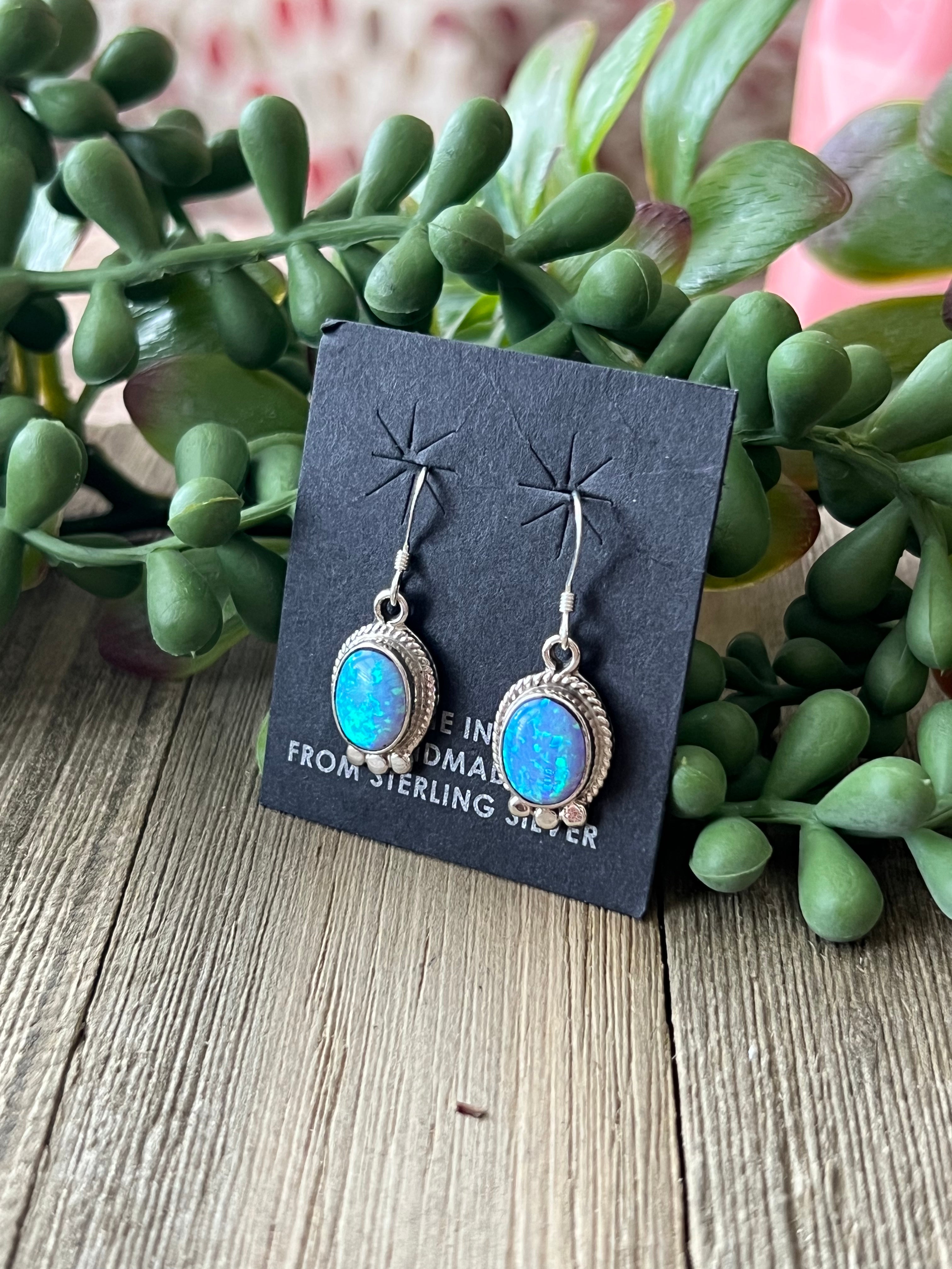 Navajo Made Blue Opal (Man-Made) & Sterling Silver Dangle Earrings