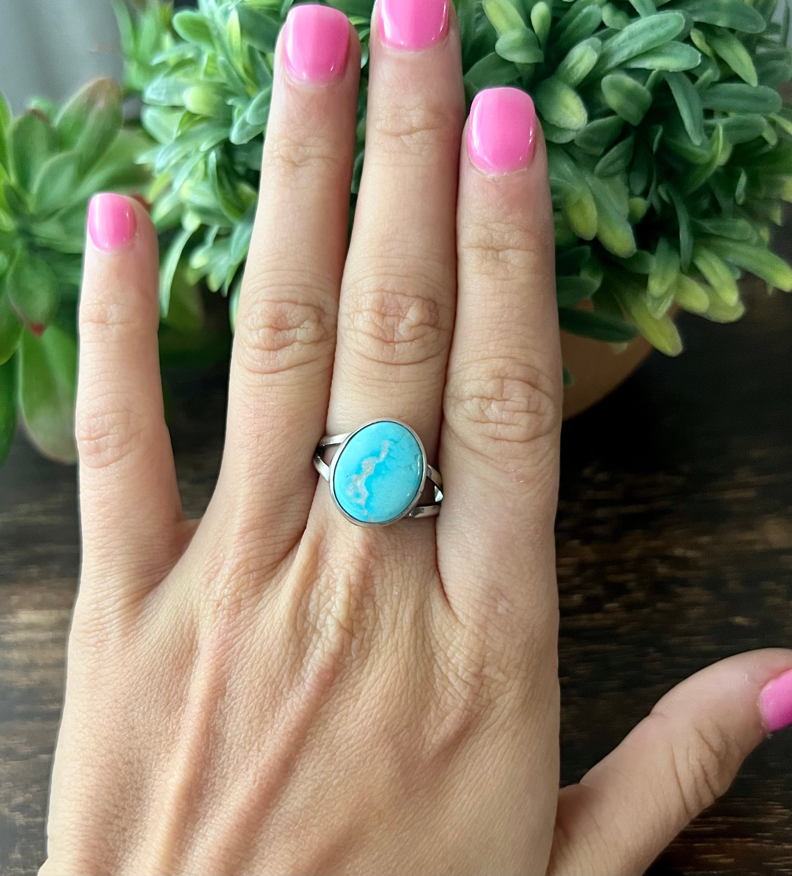 Navajo Made White Water Turquoise & Sterling Silver Ring Size 9