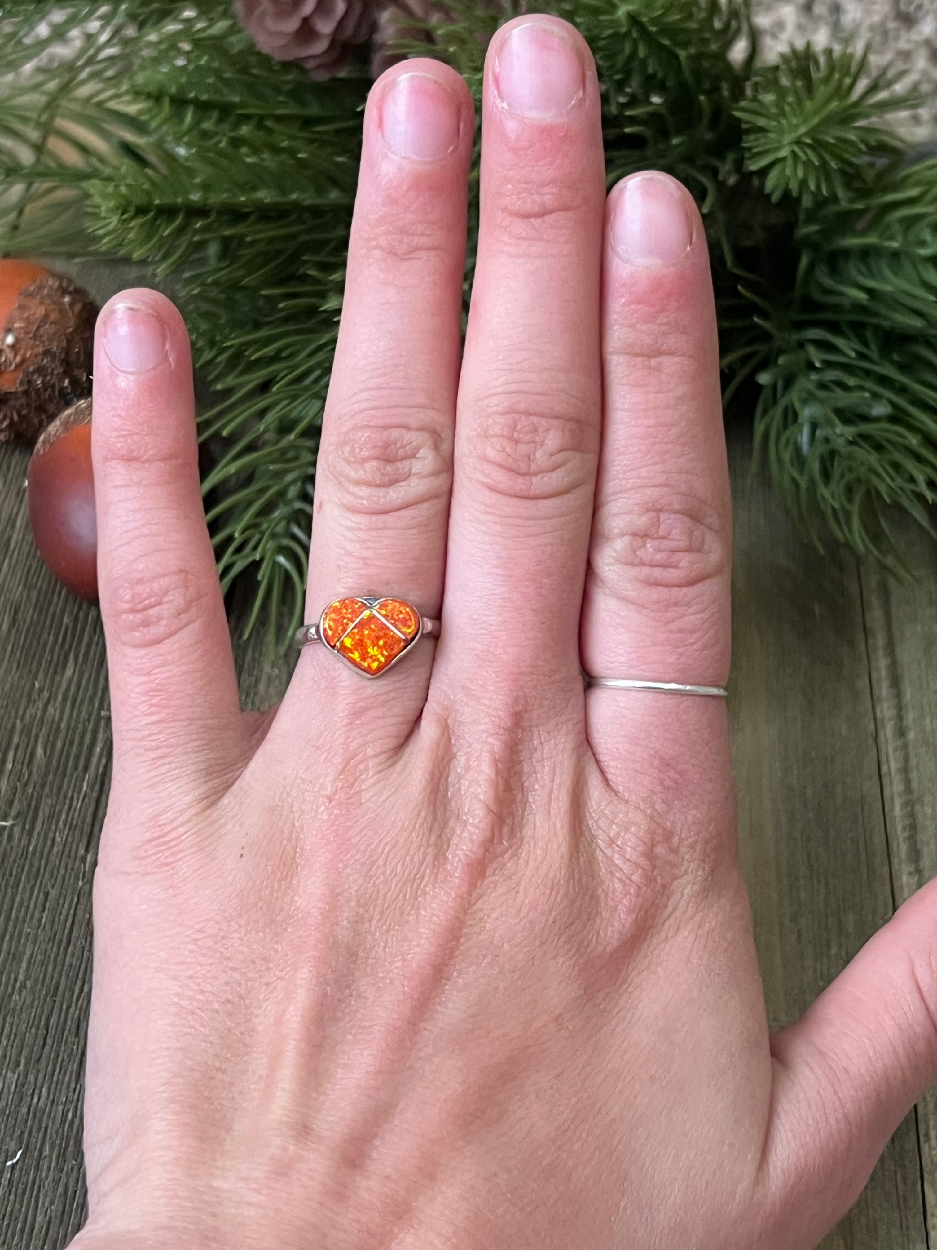 Zuni Made Orange Opal (Man Made) & Sterling Silver Ring