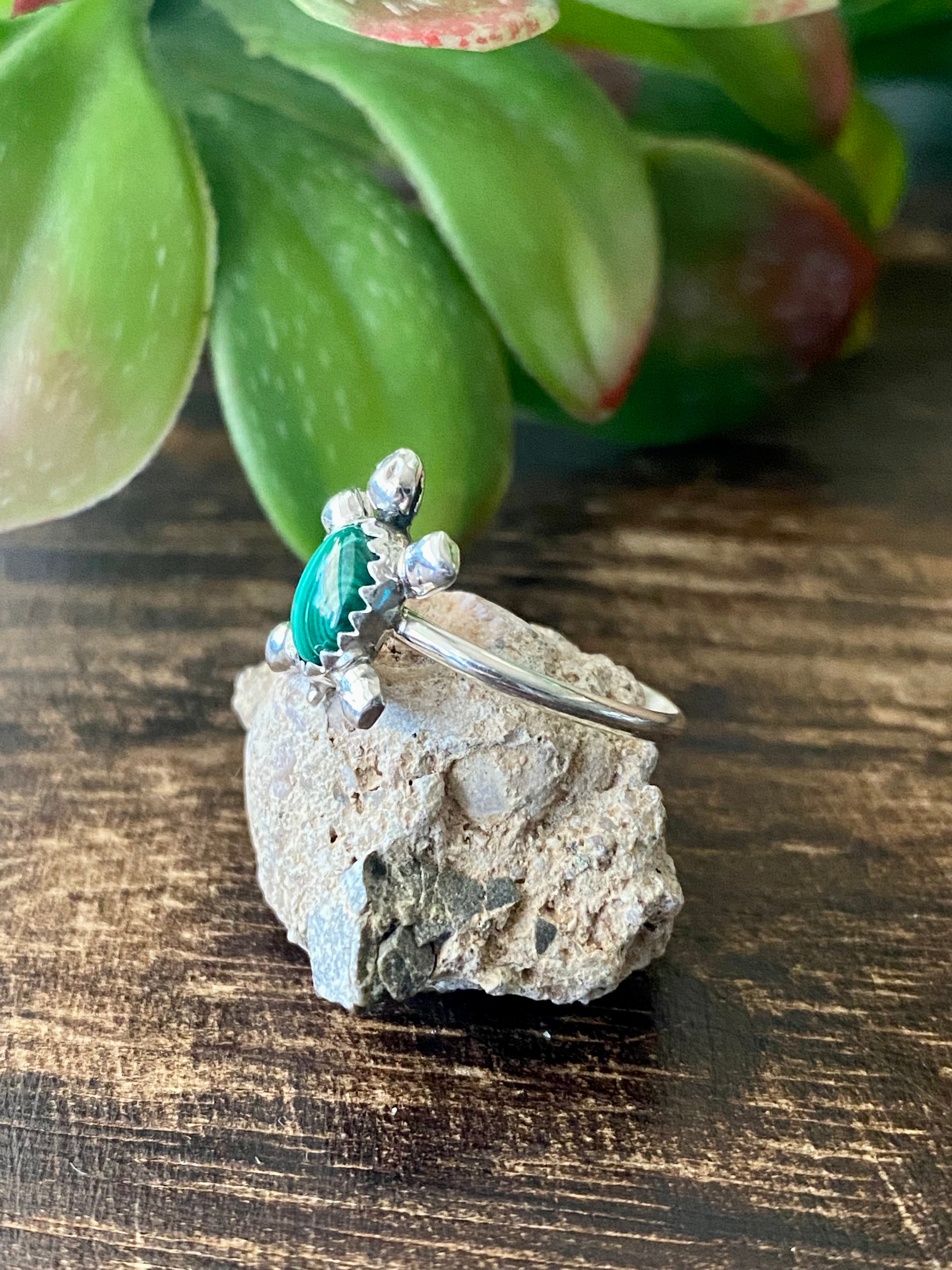 Zuni Made Malachite & Sterling Silver Turtle Ring Size 6.5