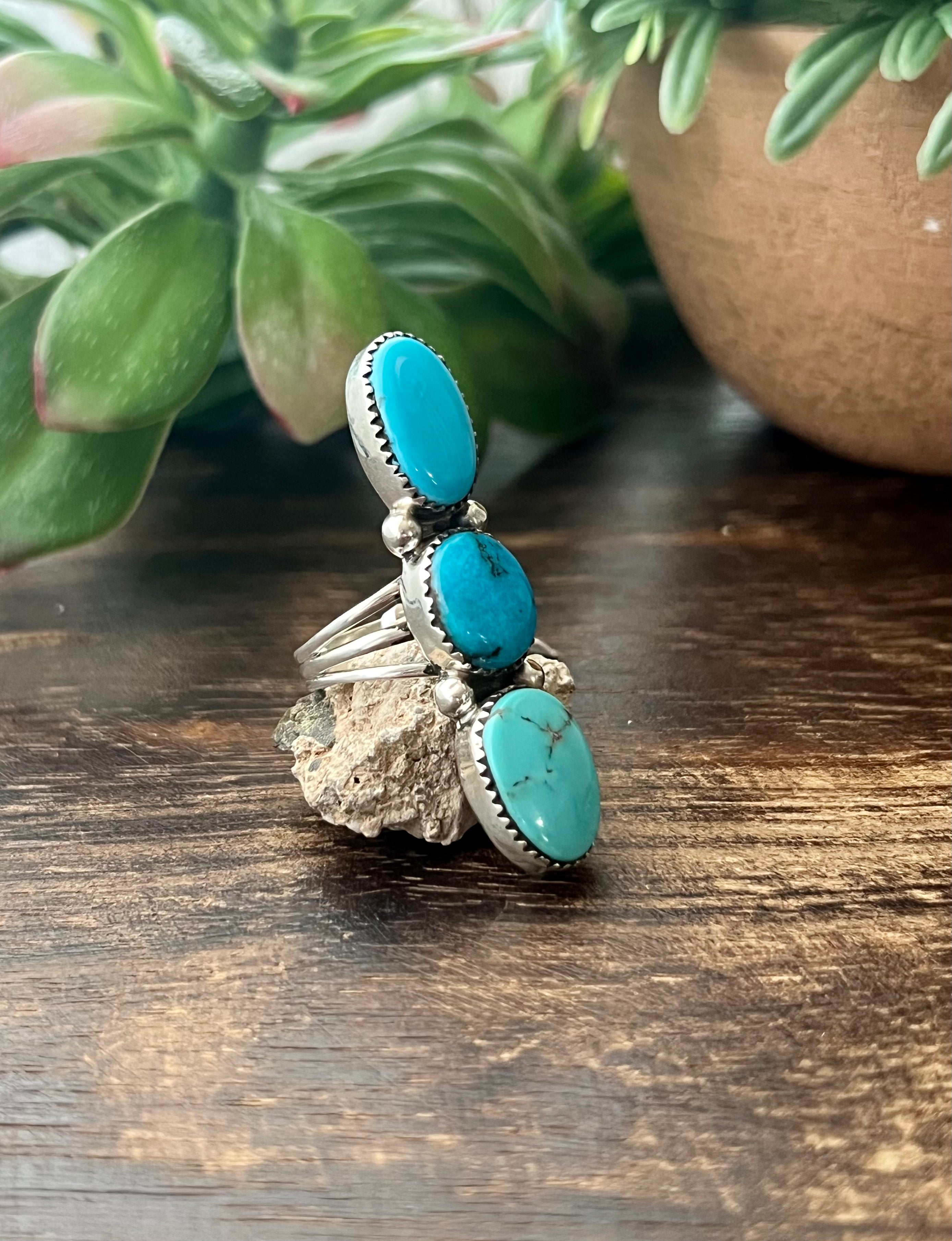 Southwest Handmade Kingman Turquoise & Sterling Silver Climber Ring Size 6.75 Stamped Sterling