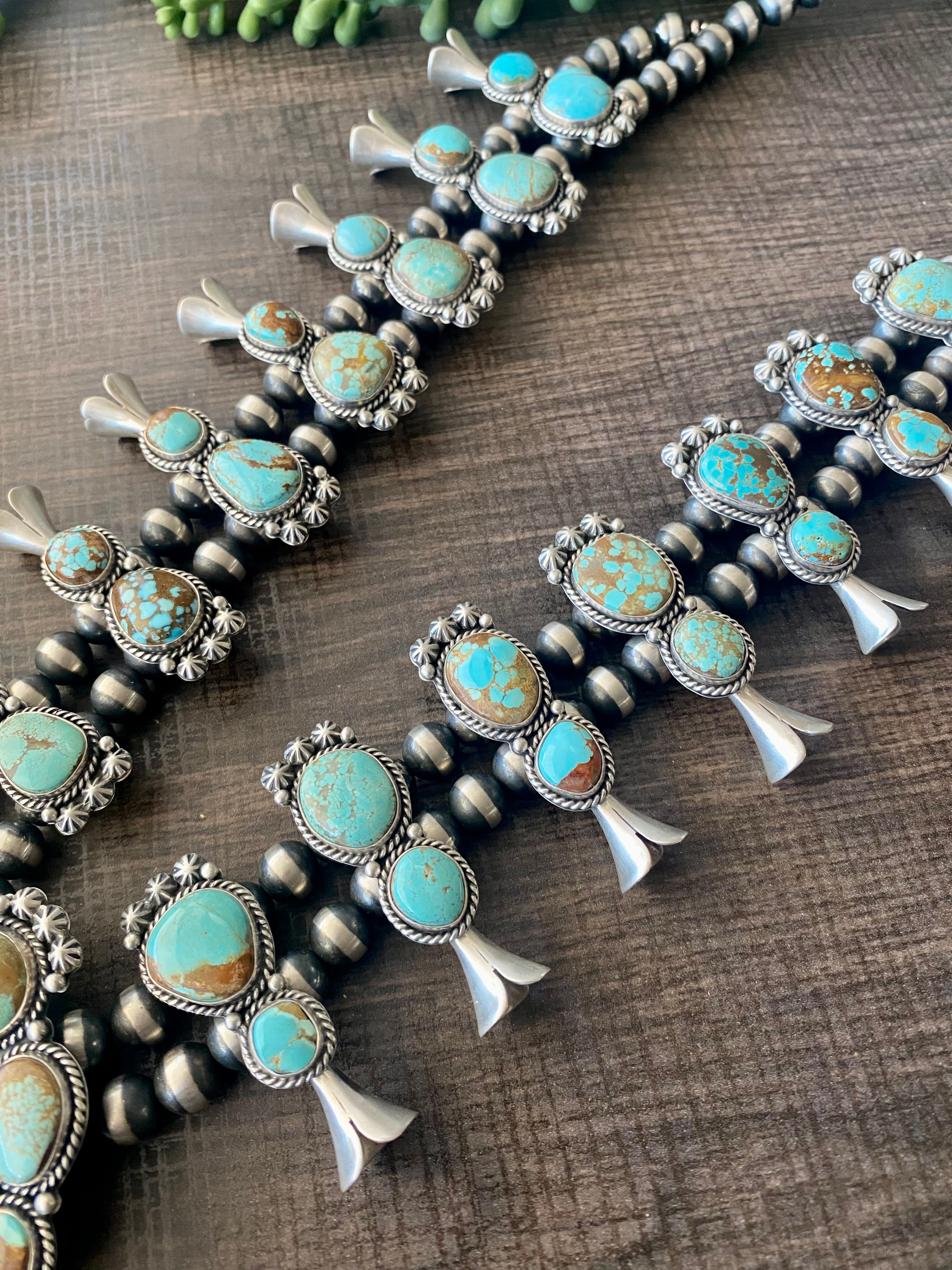 Elanor Richards #8 Turquoise & Sterling Silver Squash Blossom Necklace Set