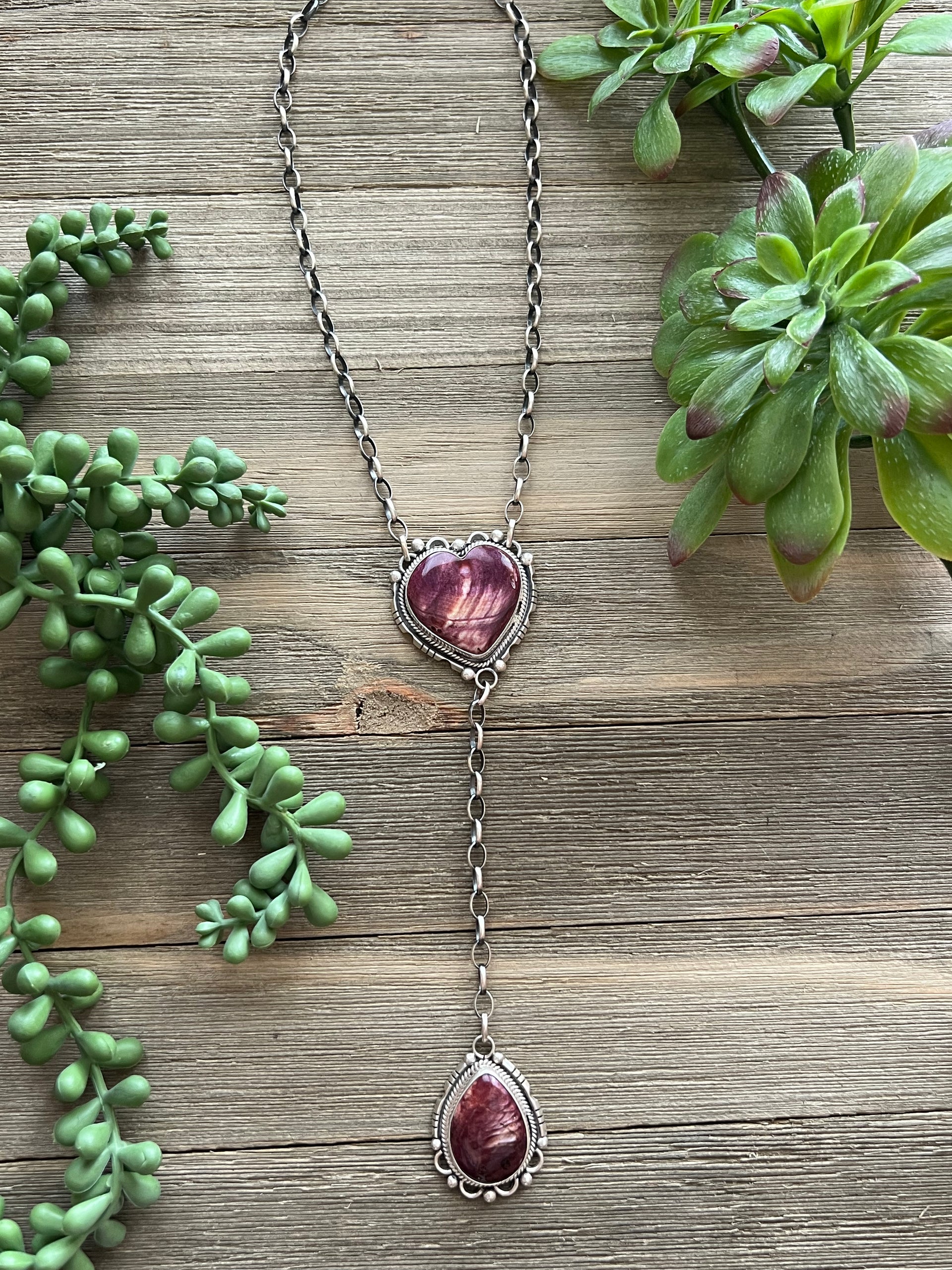Navajo Made Purple Spiny Oyster & Sterling Silver Lariat Necklace