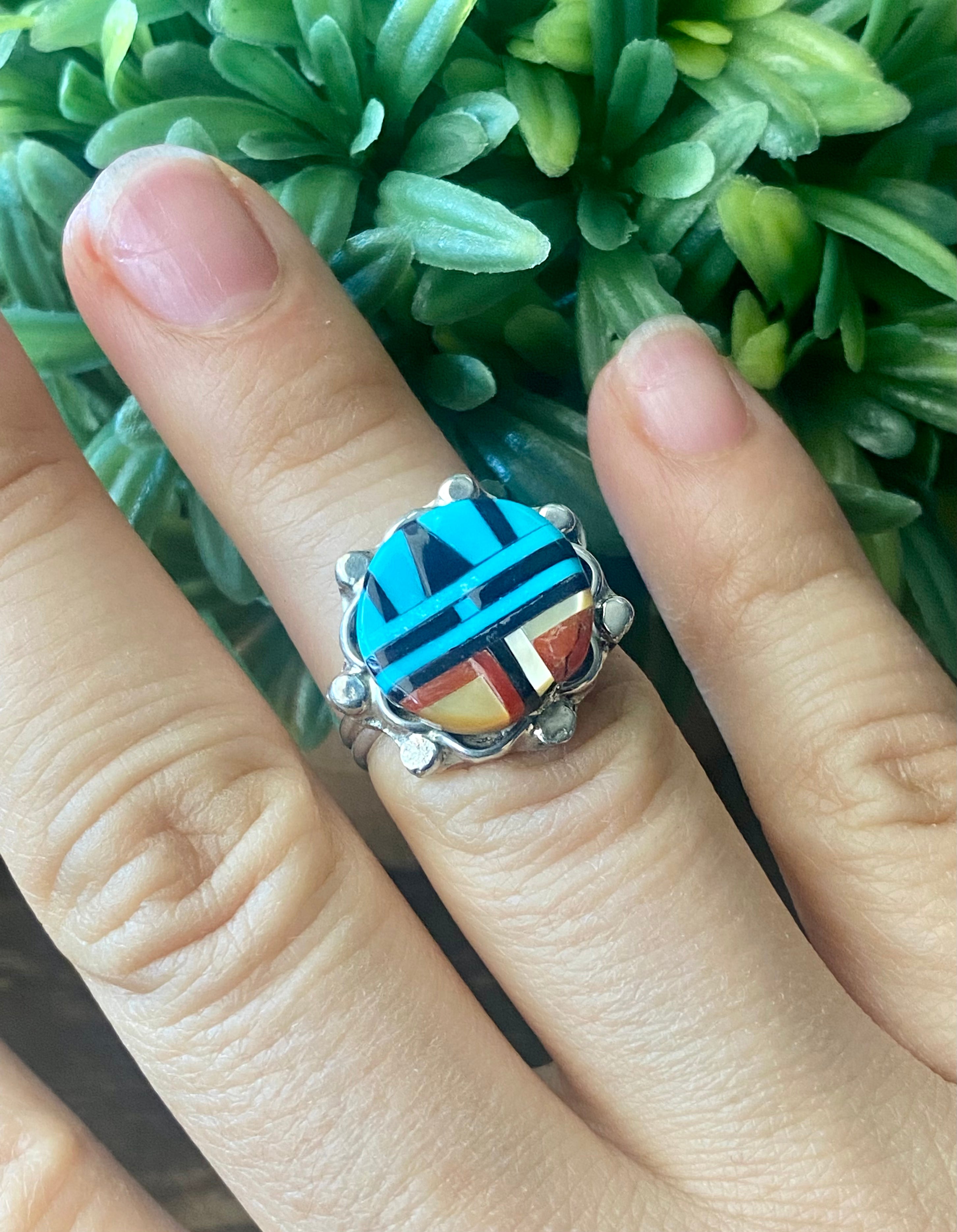 Zuni Made Multi Stone & Sterling Silver Inlay Ring Size 6.5