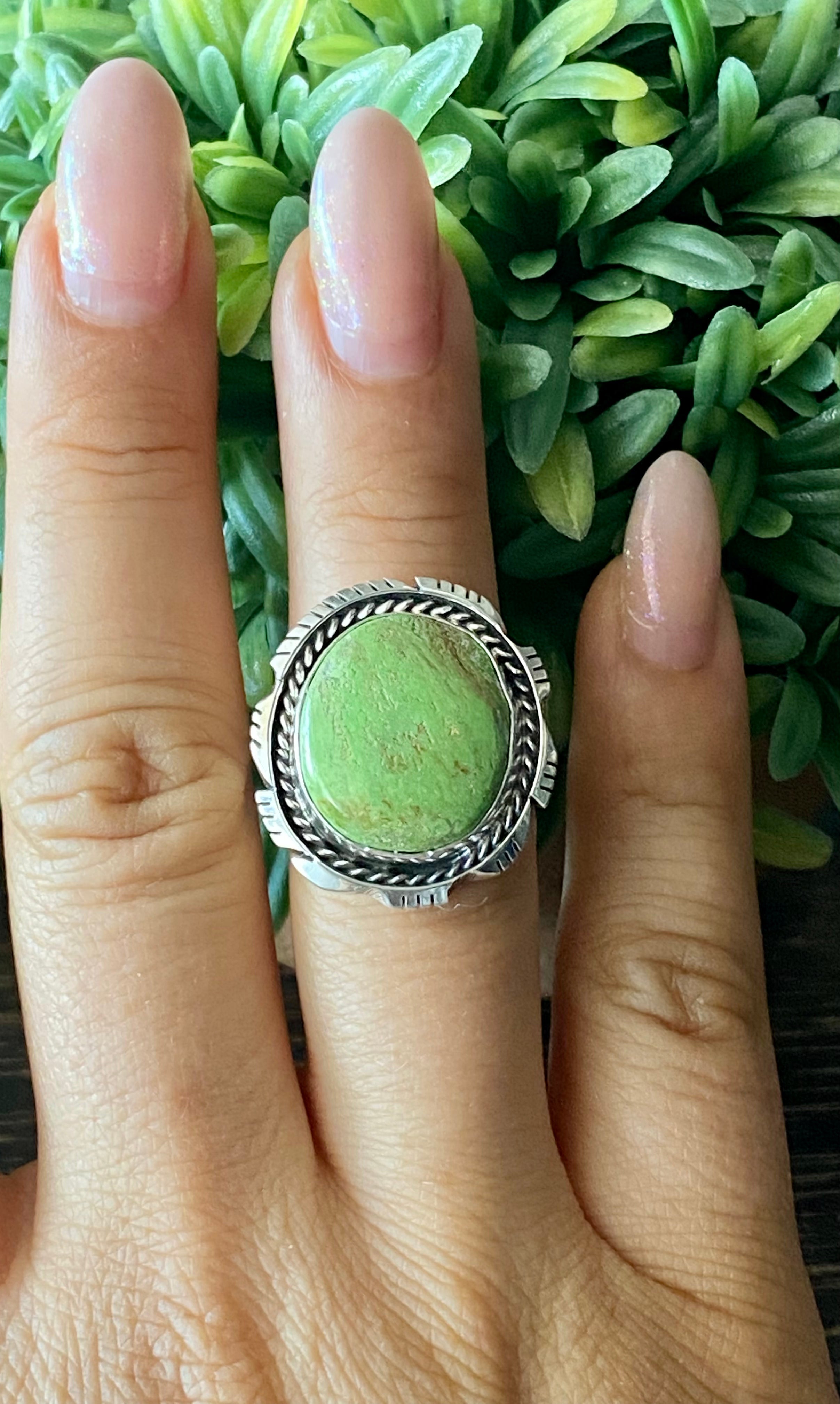 Navajo Made Australian Gaspeite & Sterling Silver Ring Size 7.5