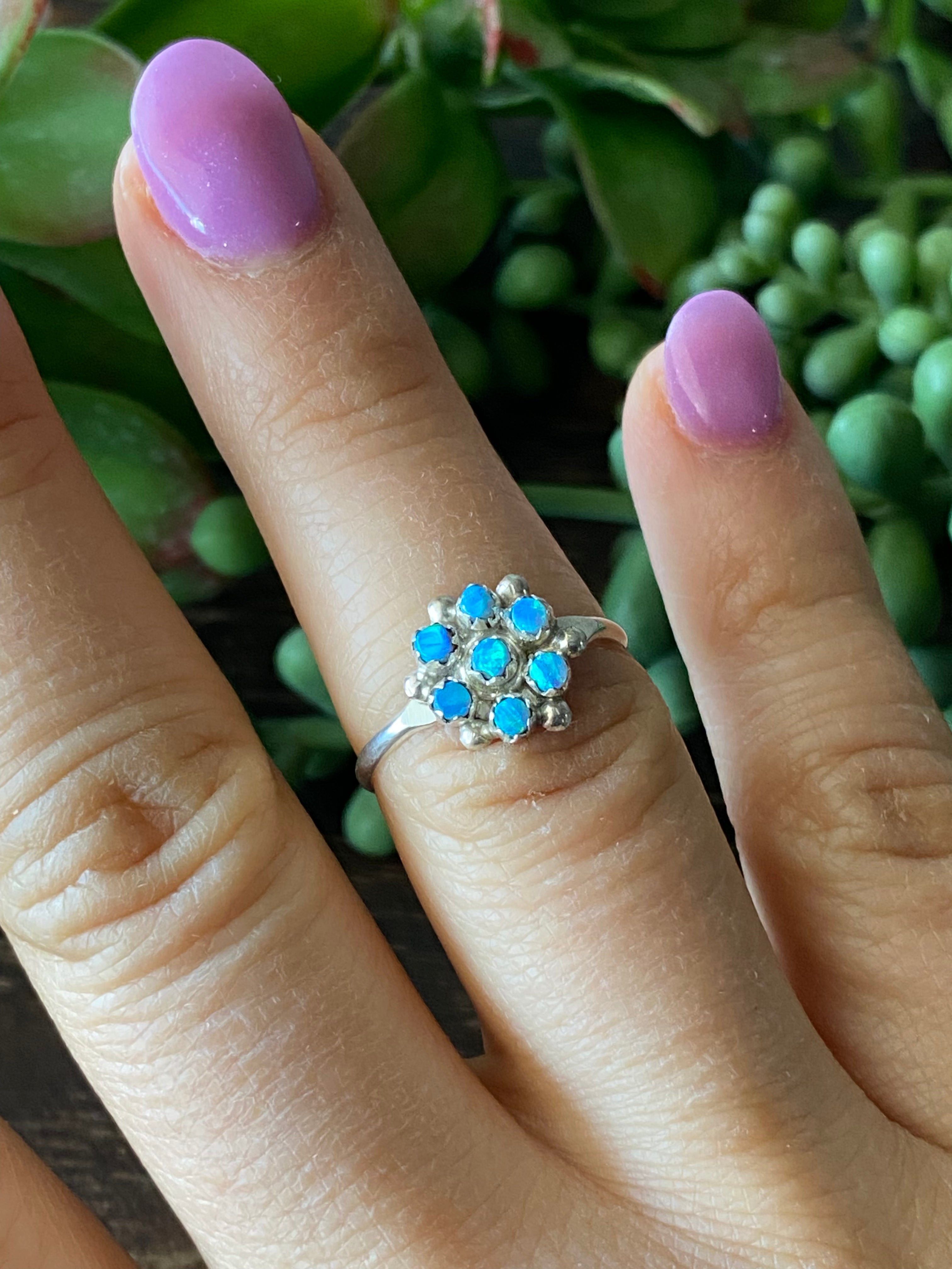 Zuni Made Blue Opal (Man-Made) & Sterling Silver Cluster Rings