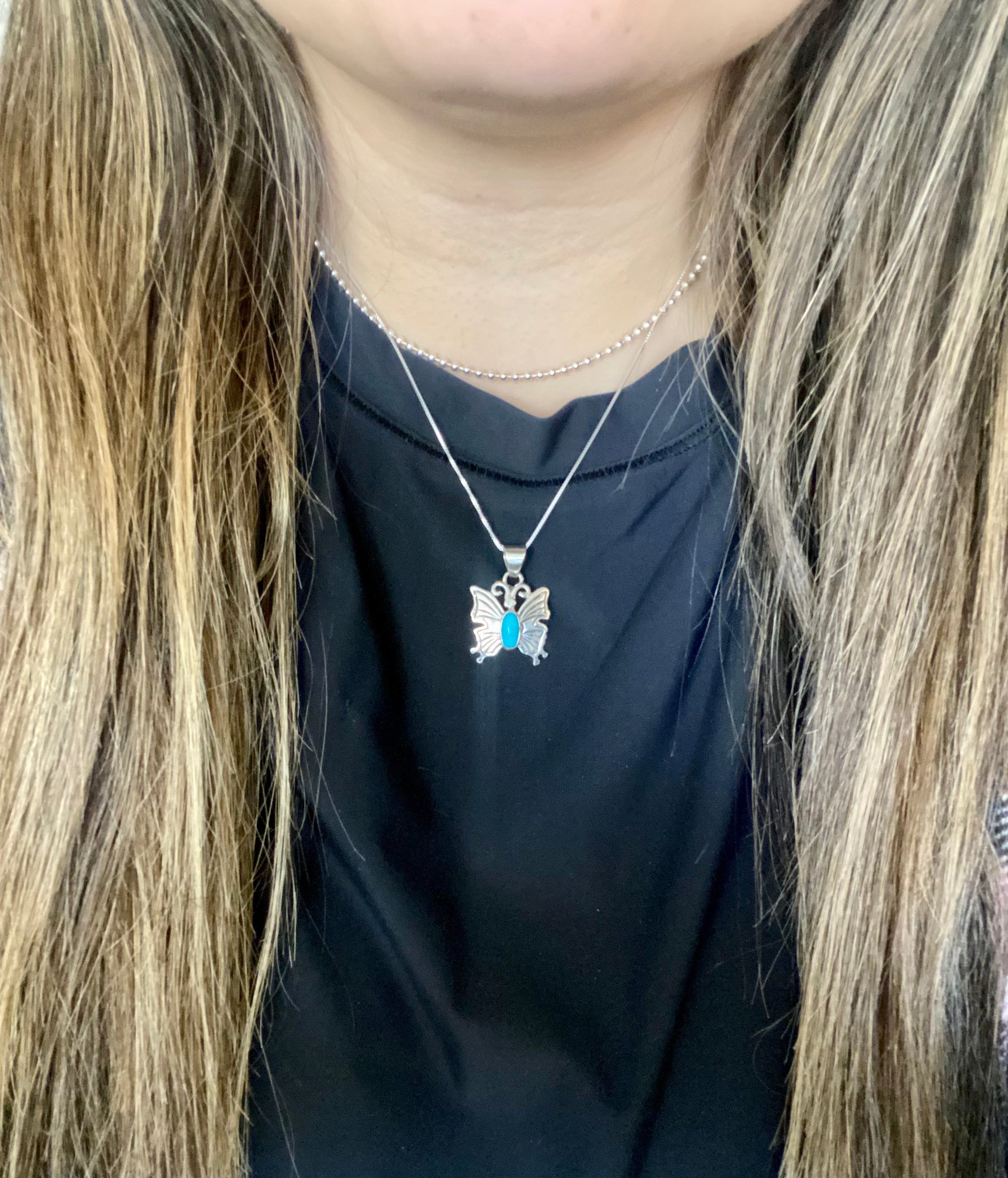 Navajo Made Kingman Turquoise & Sterling Silver Butterfly Necklace