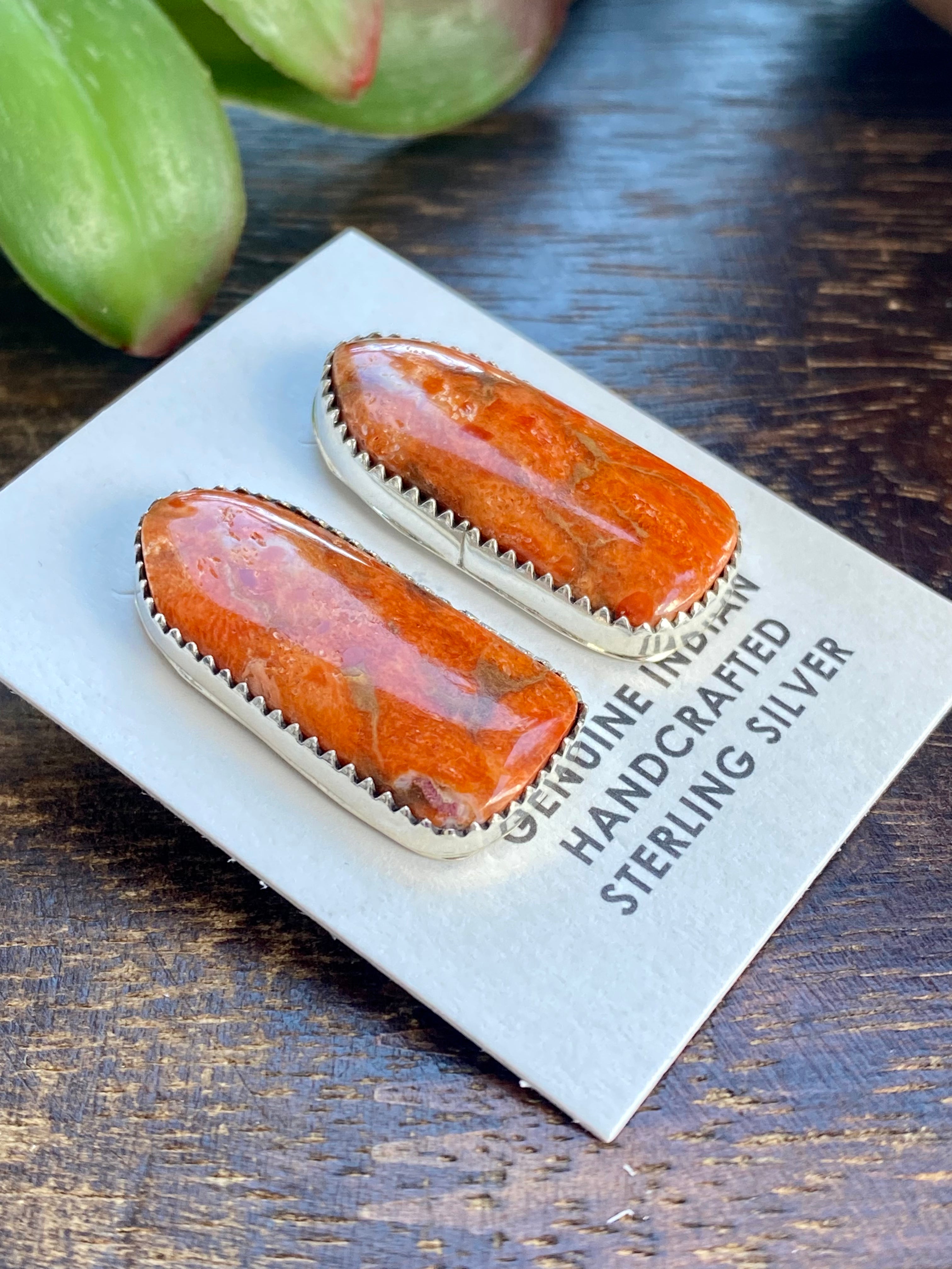 Navajo Made Apple Coral & Sterling Silver Post Earrings