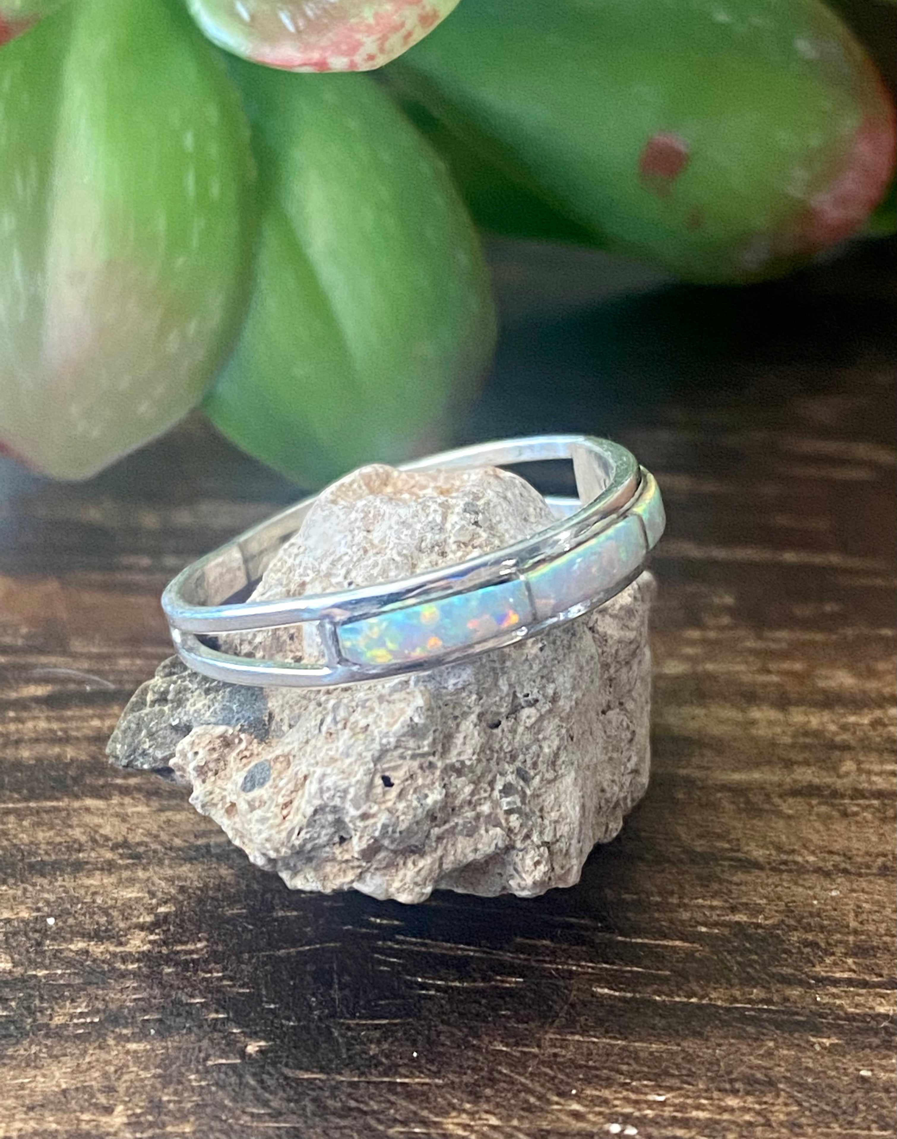 Navajo Made White Opal & Sterling Silver Inlay Rings