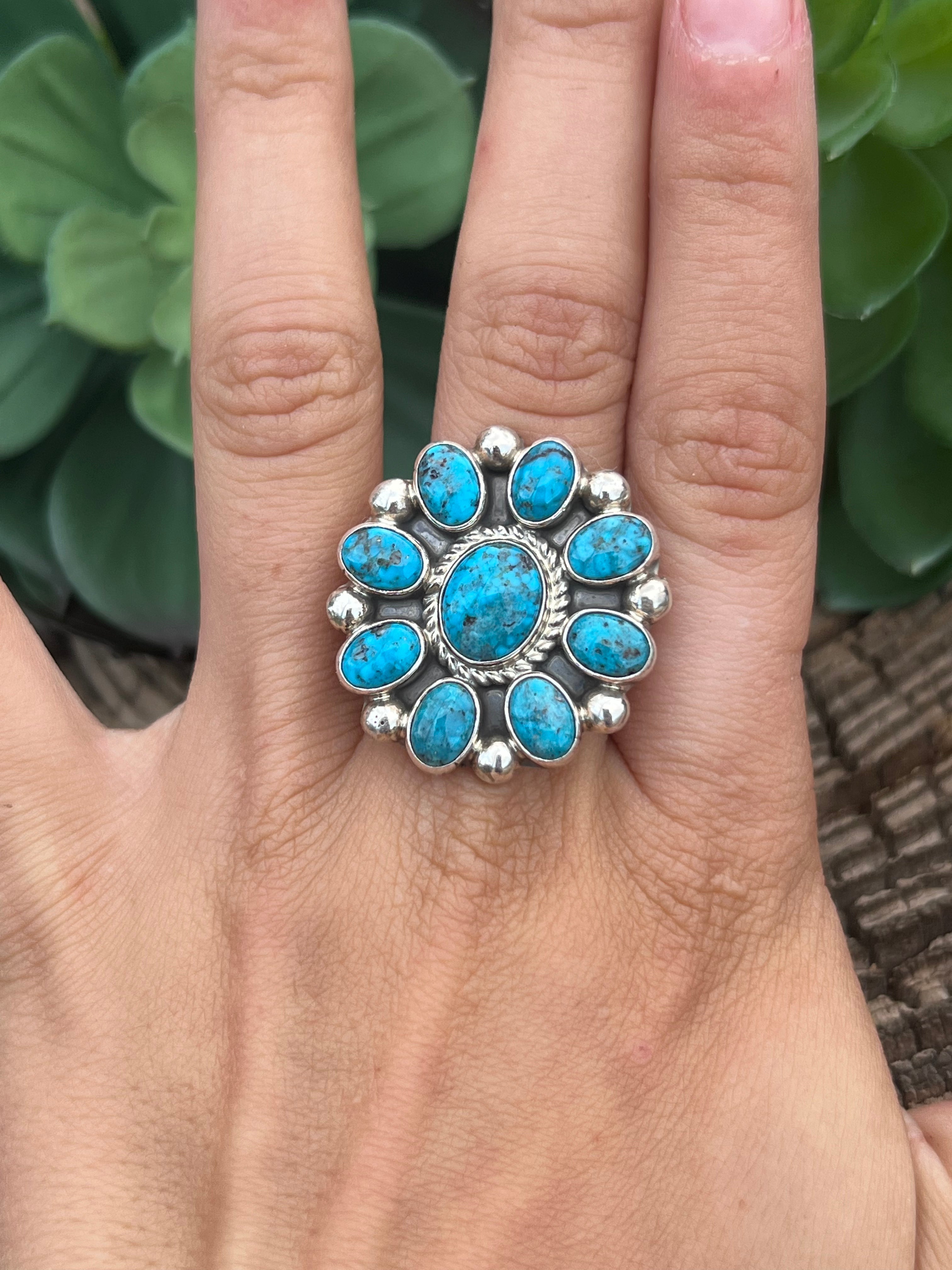 Navajo Turquoise & Sterling Silver Cluster Ring Size 9.25