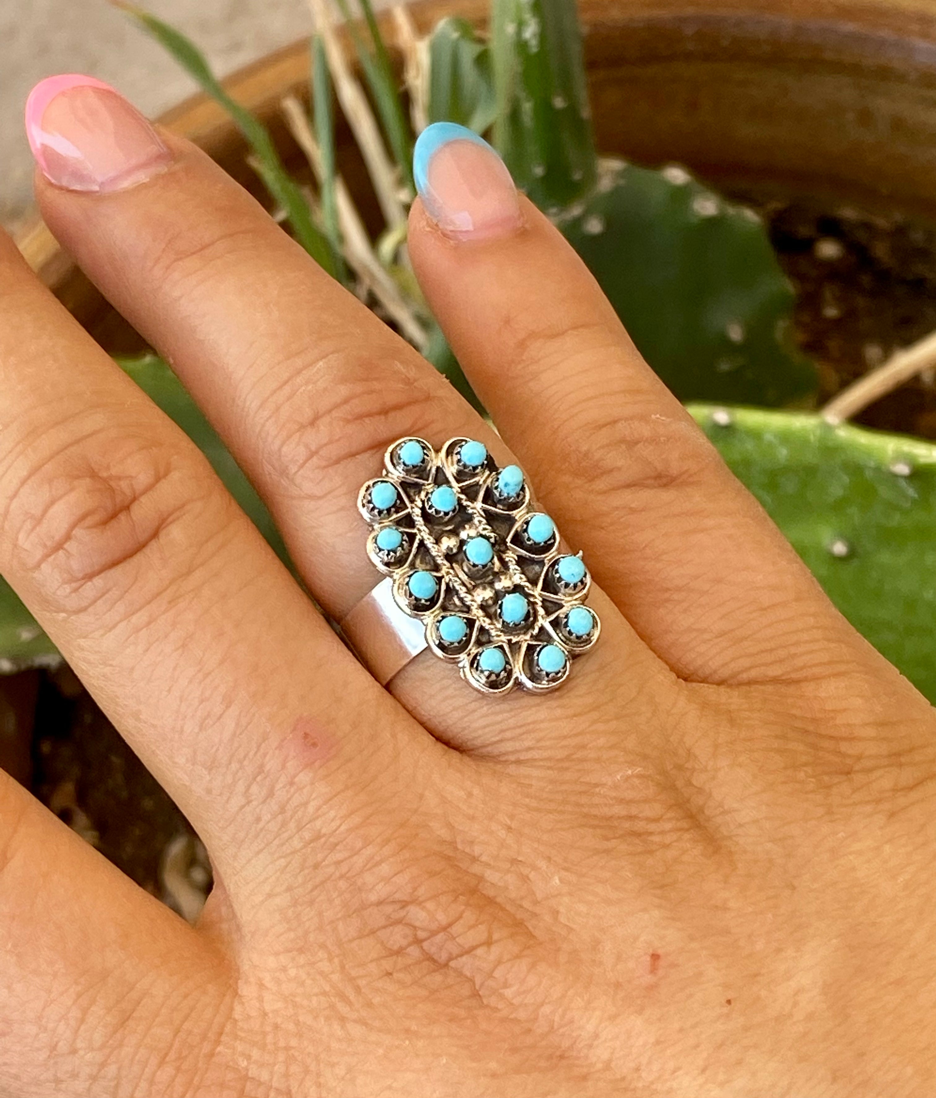 Navajo Made Turquoise & Sterling Silver Petit Point Ring Size 7.75