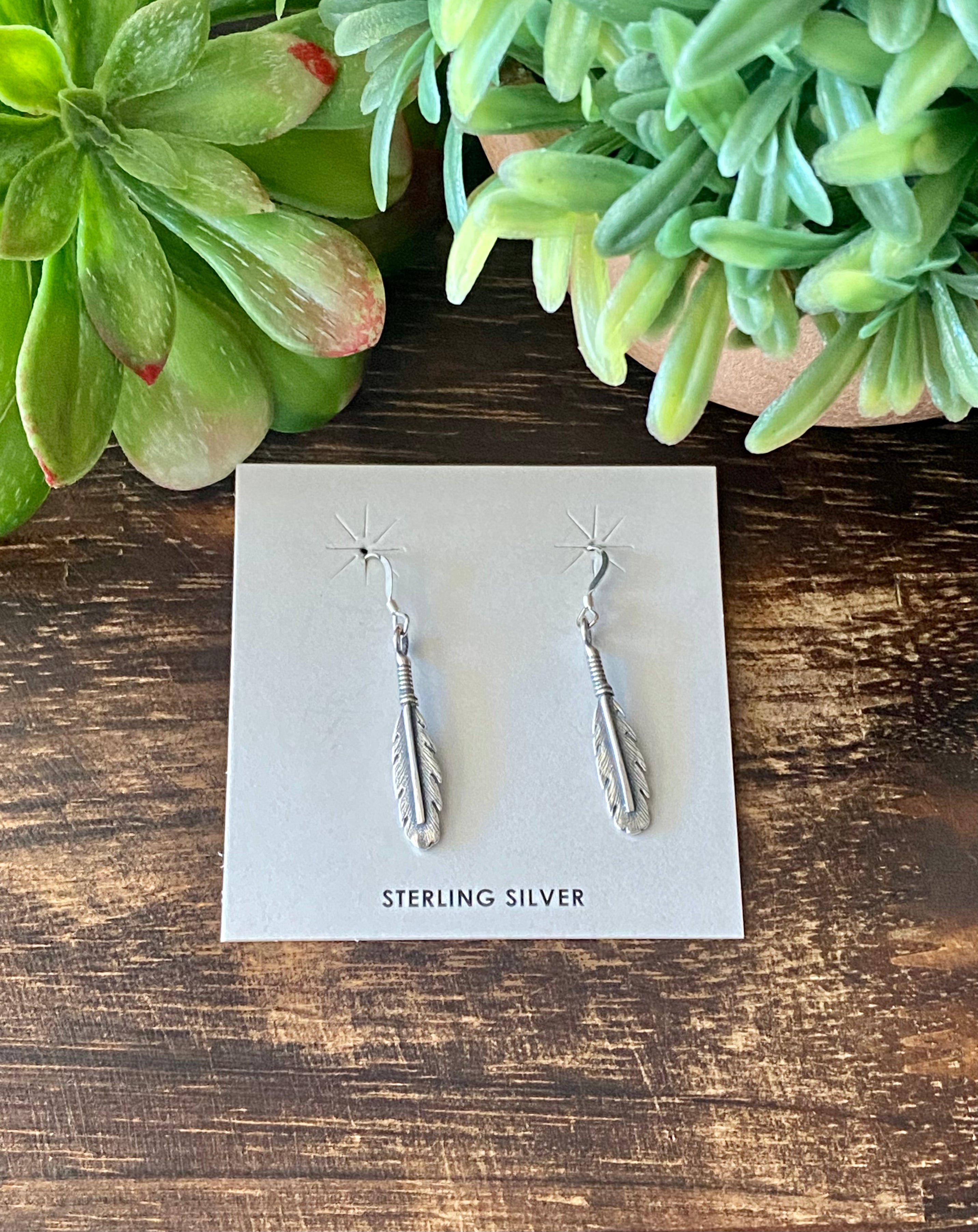 Navajo Made Sterling Silver Feather Dangle Earrings