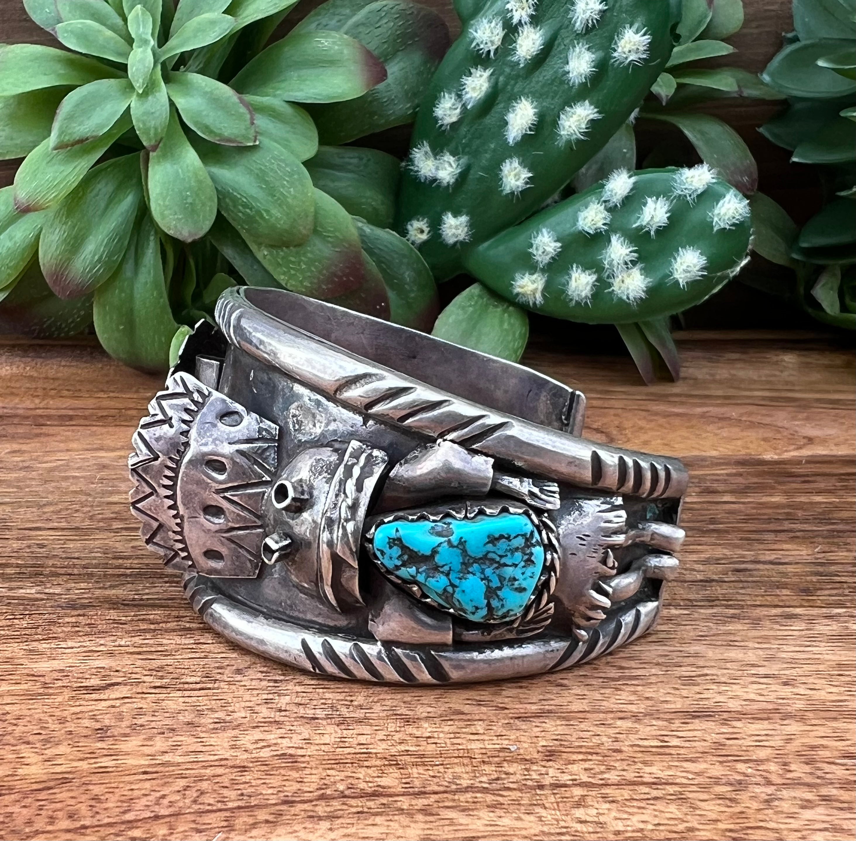 Vintage Navajo Turquoise & Sterling Silver Watch Cuff Bracelet