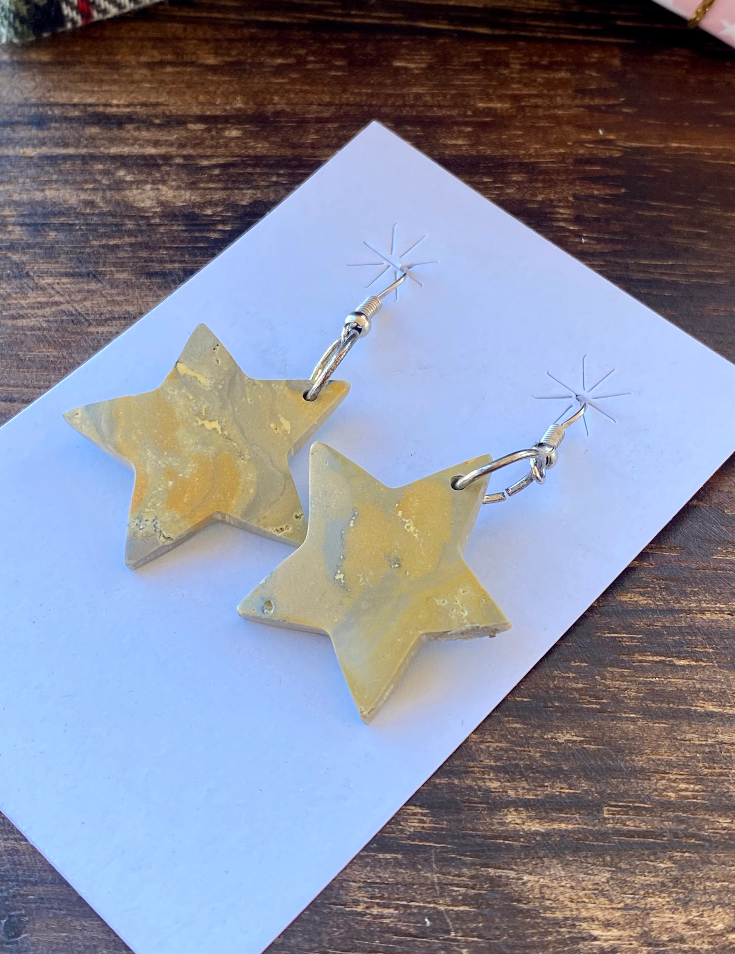 Southwest Handmade Bumblebee Jasper & Sterling Silver Star Dangle Earrings