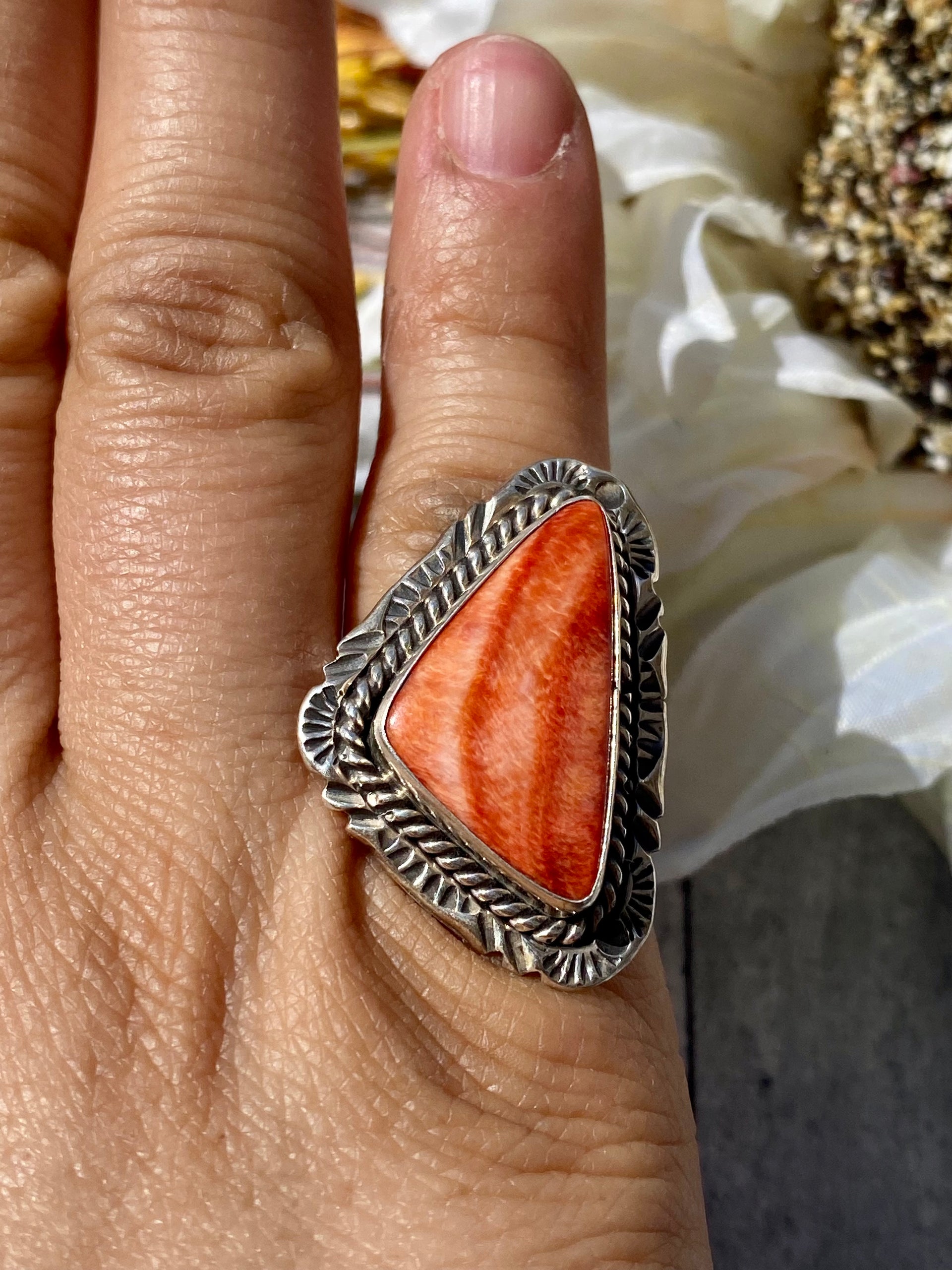 Navajo Made Spiny Oyster & Sterling Silver Ring Size 7.25