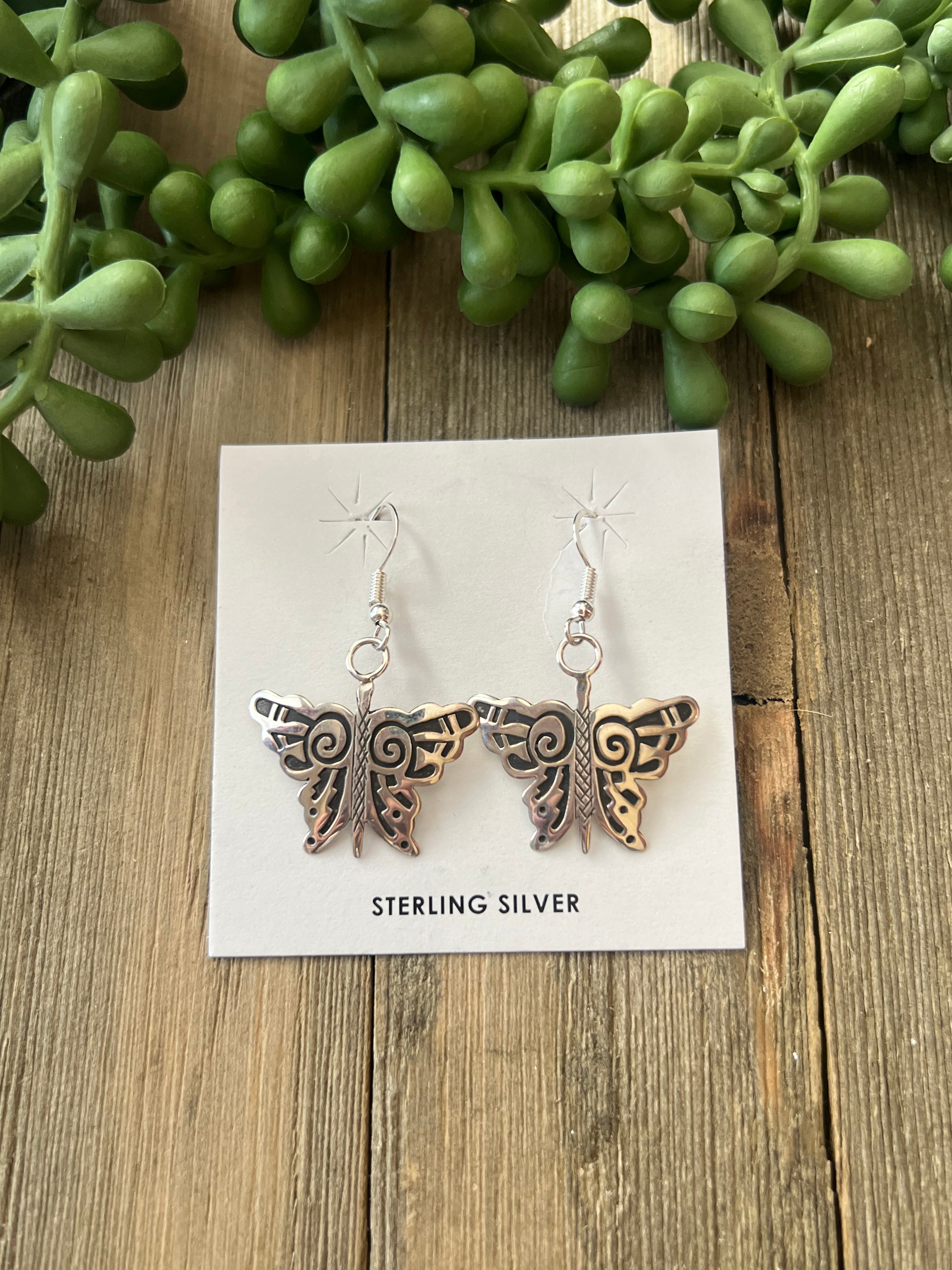 Navajo Made Sterling Silver Butterfly Dangle Earrings