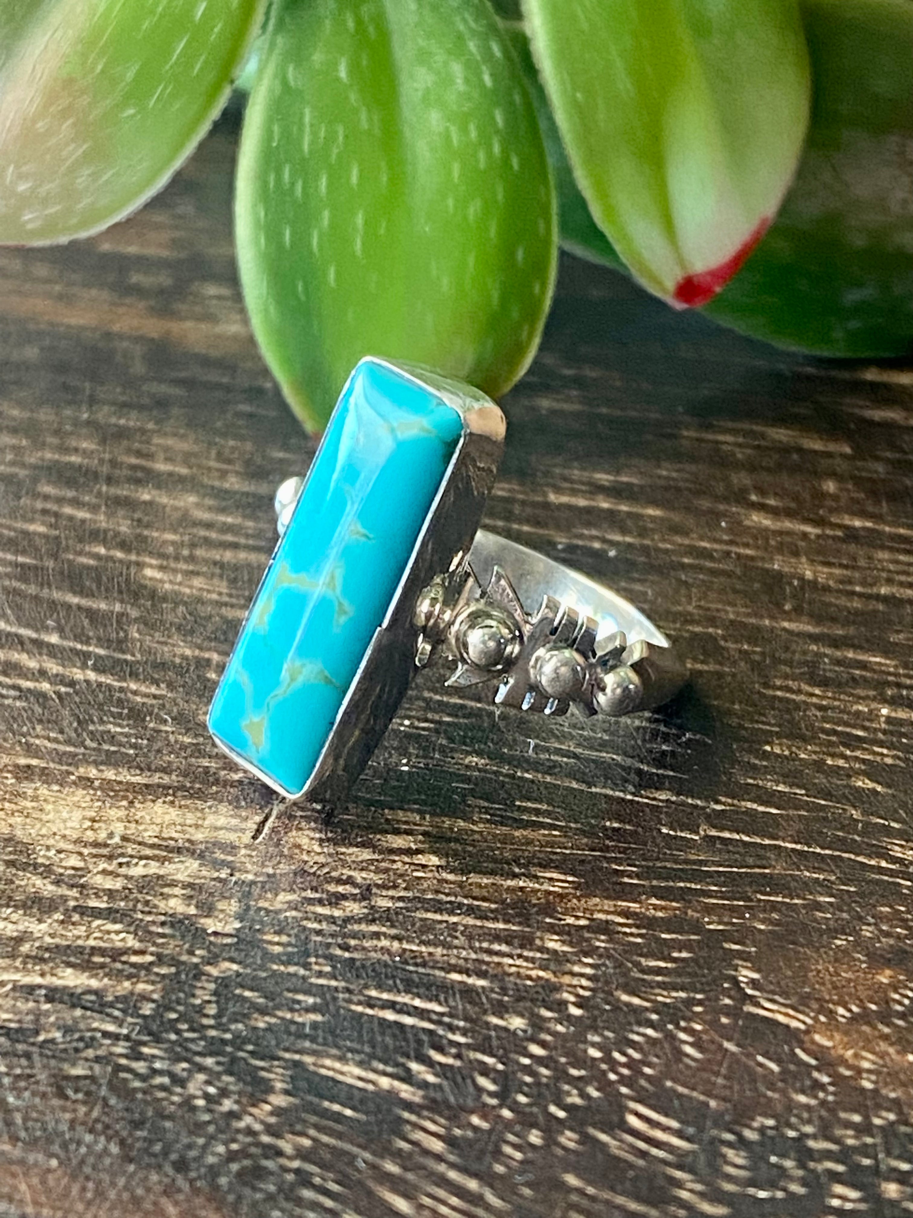 Navajo Made Kingman Turquoise & Sterling Silver Bar Ring Size 6.75