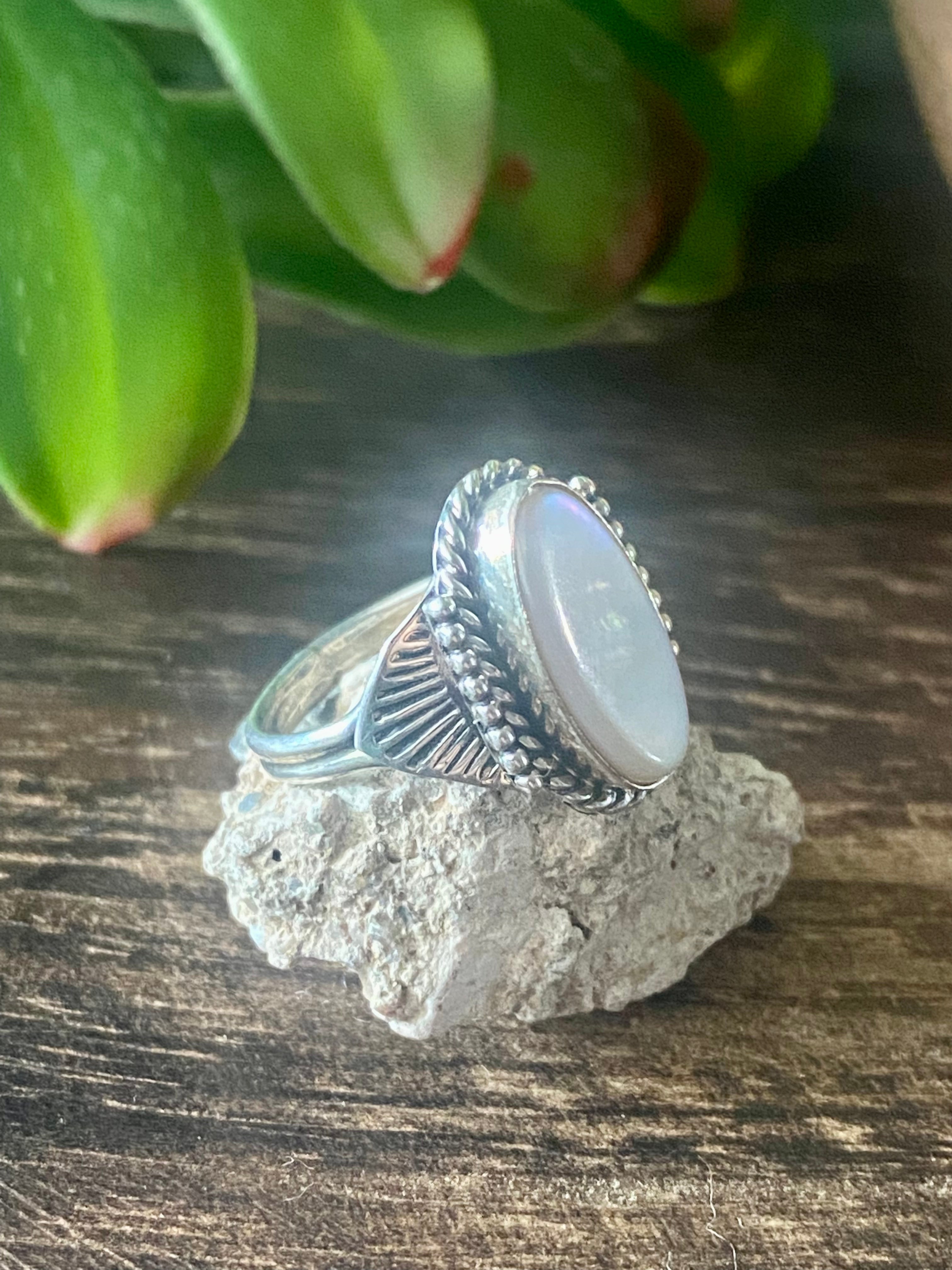 Navajo Made Mother of Opal & Sterling Silver Ring Size 4.5