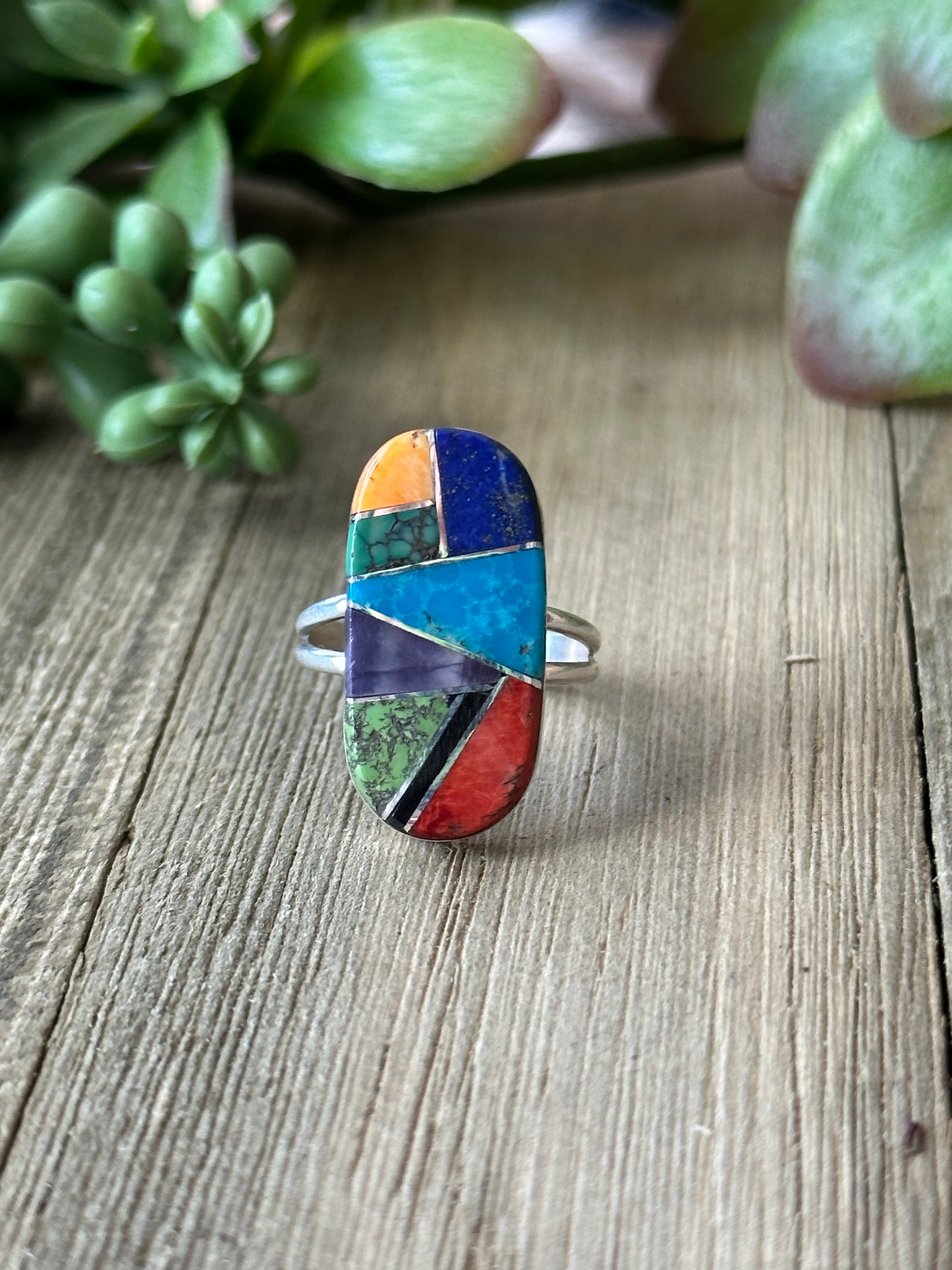 Navajo Made Multi Stone & Sterling Silver Inlay Ring Size 7.5