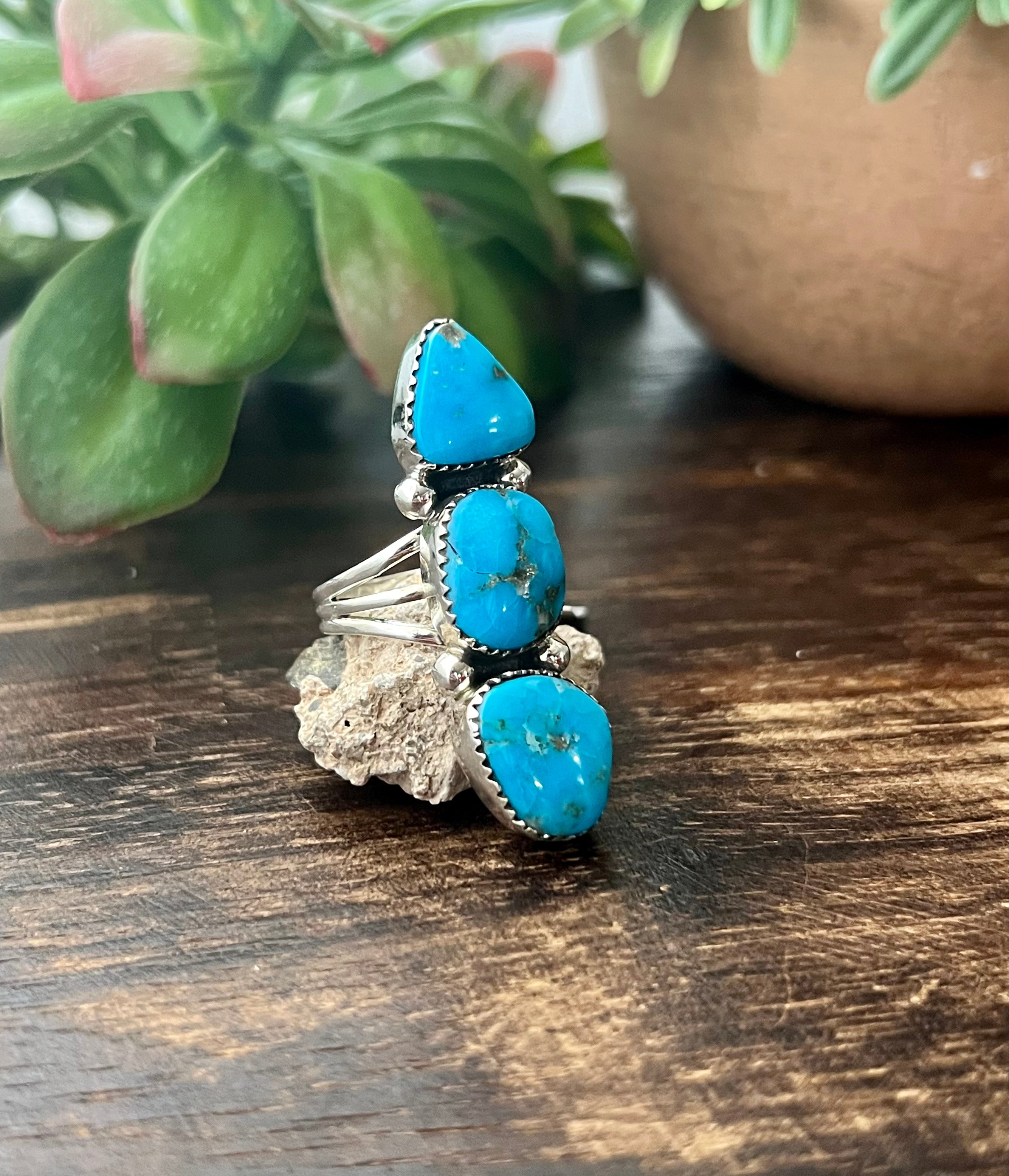 Southwest Handmade Kingman Turquoise & Sterling Silver Climber Ring Size 7.25 Stamped Sterling.