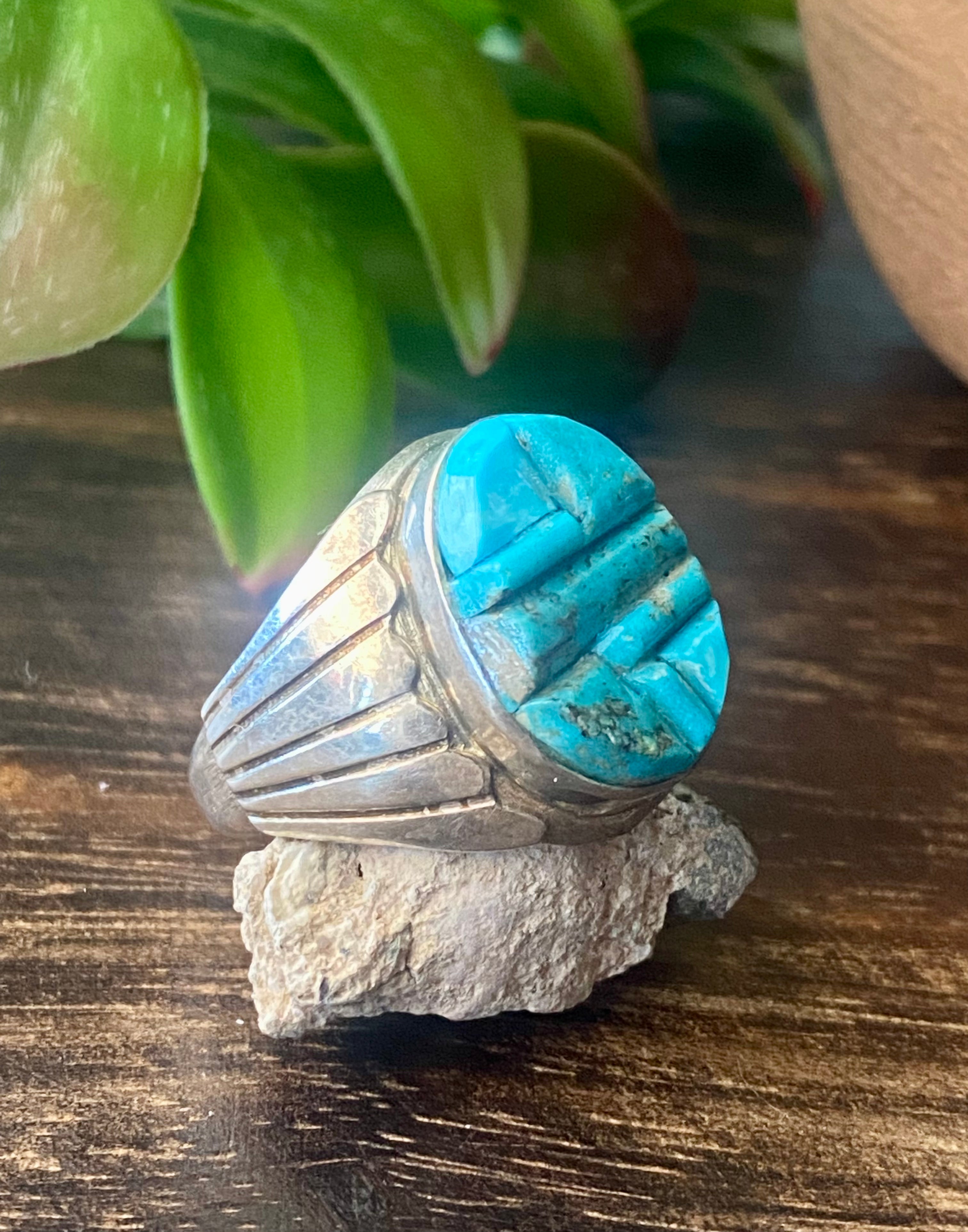 Navajo Made Turquoise & Sterling Silver Cobblestone Ring Size 13.25