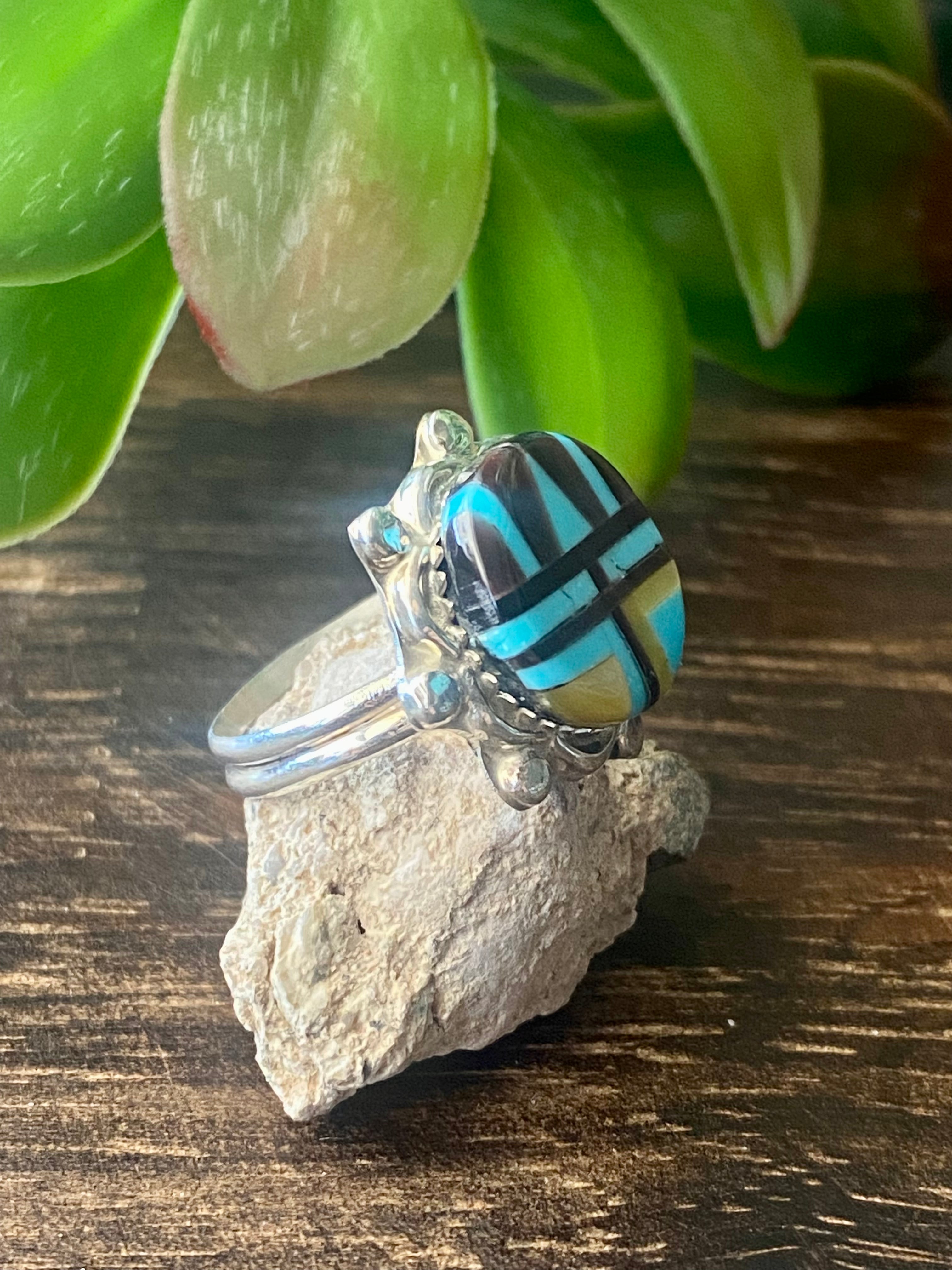 Zuni Made Multi Stone & Sterling Silver Inlay Ring Size 6.5