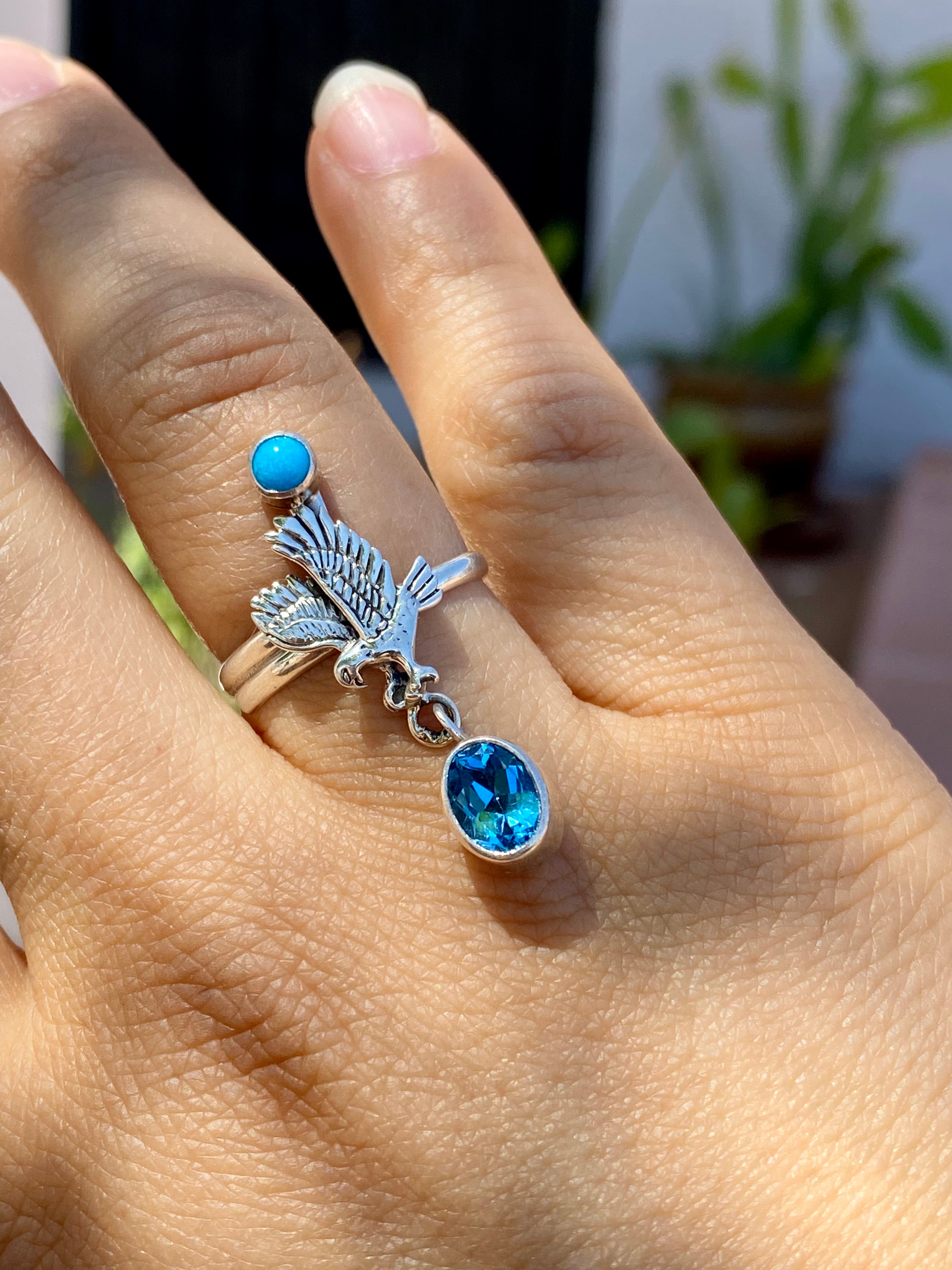 Loretta Delgarito Kingman Turquoise & Blue Topaz Sterling Silver Eagle Ring Size 7.5