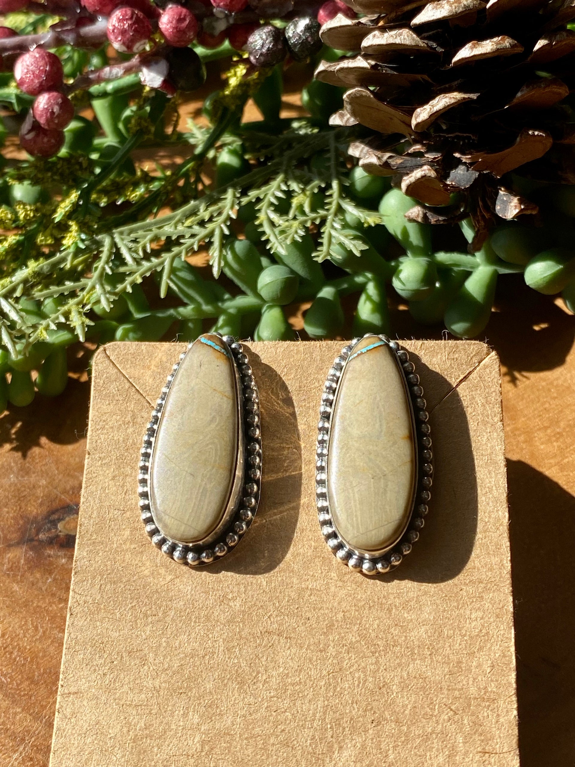 Navajo Made Ribbon Turquoise & Sterling Silver Post Dangle Earrings