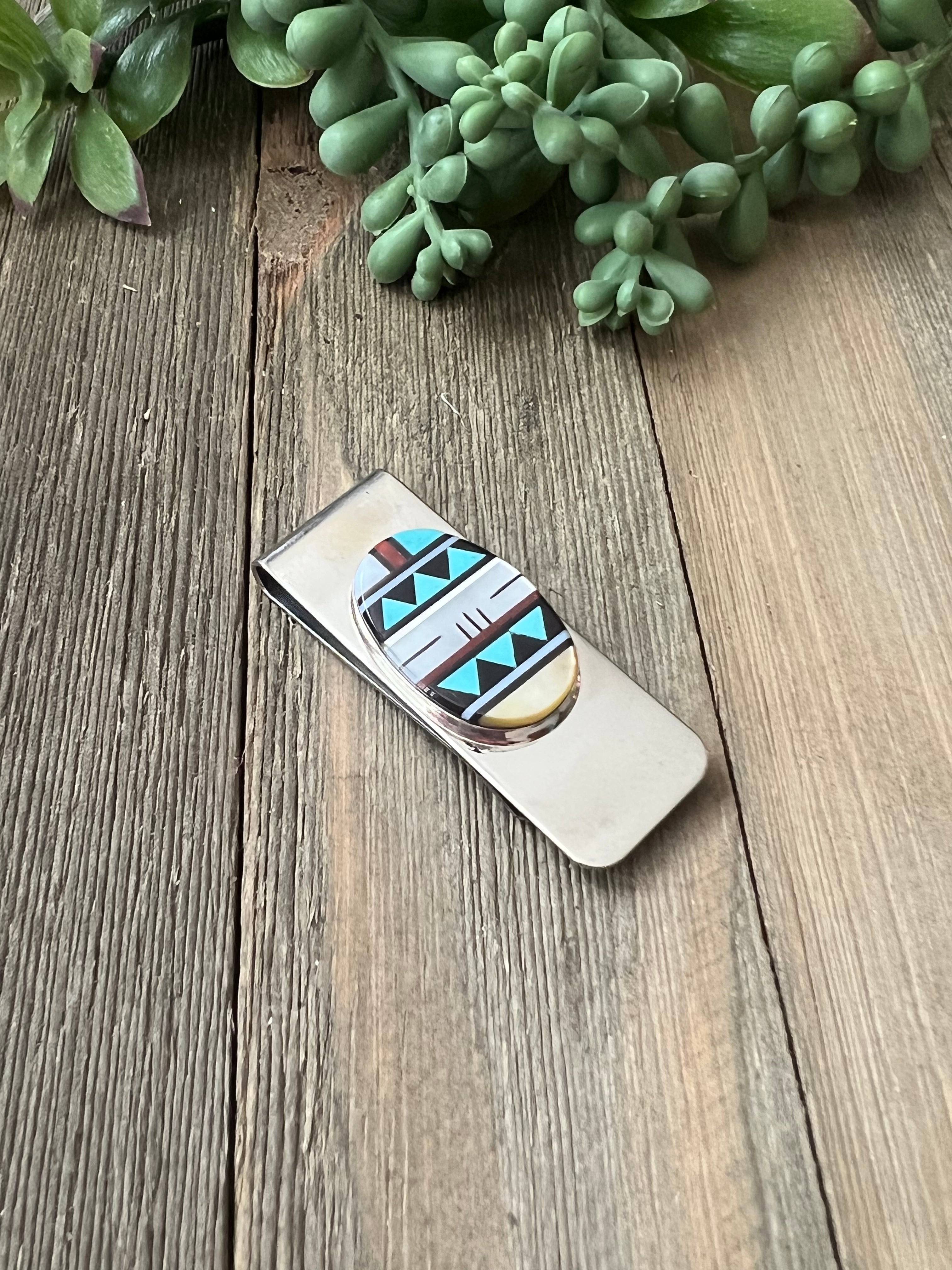 Zuni Made Multi Stone & Sterling Silver Inlay Money Clip