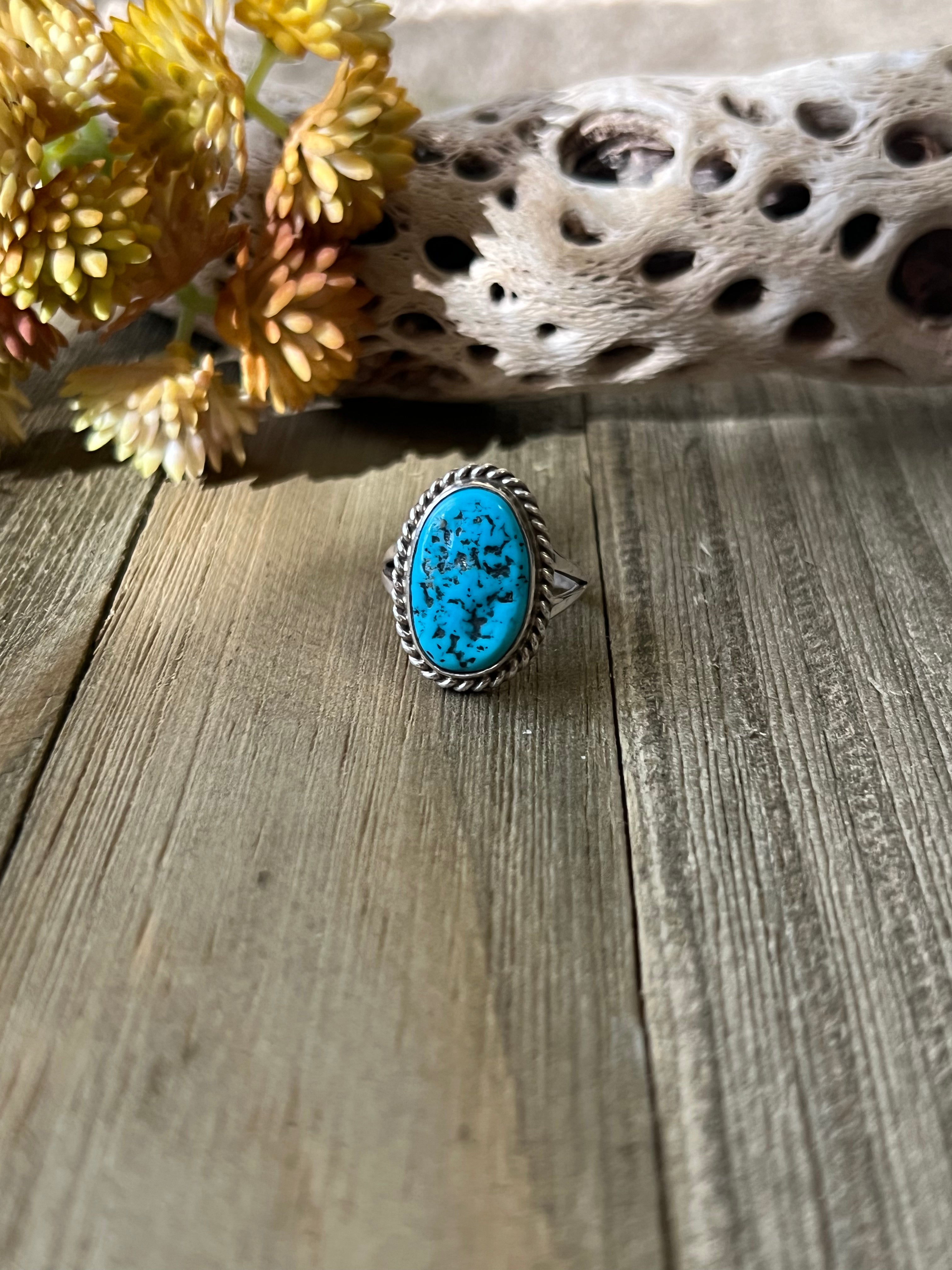 Navajo Made Kingman Turquoise & Sterling Silver Ring Size 7.75