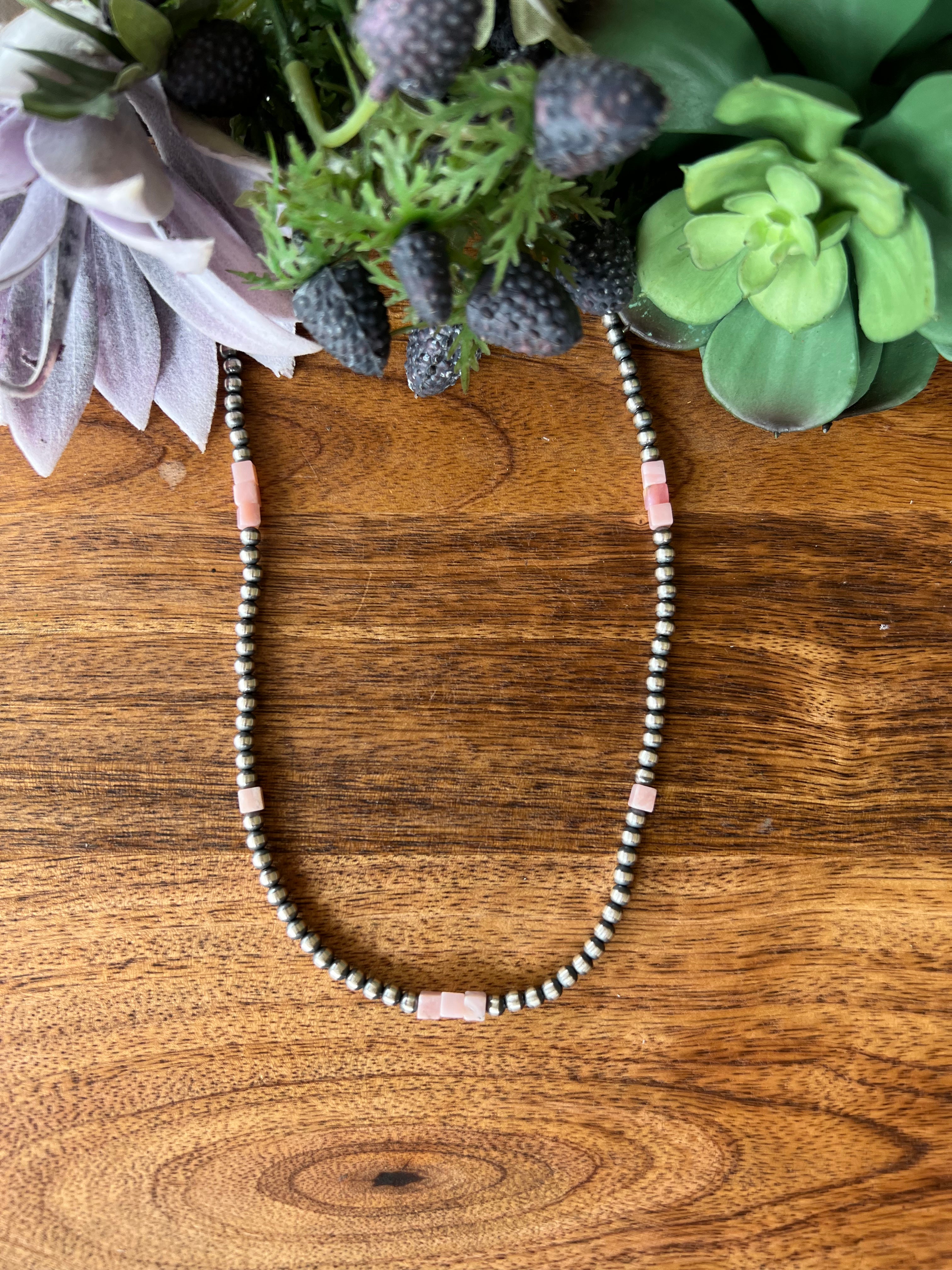 Navajo Made Pink Coral & Sterling Silver 4 MM 22 Inch Pearl Necklace
