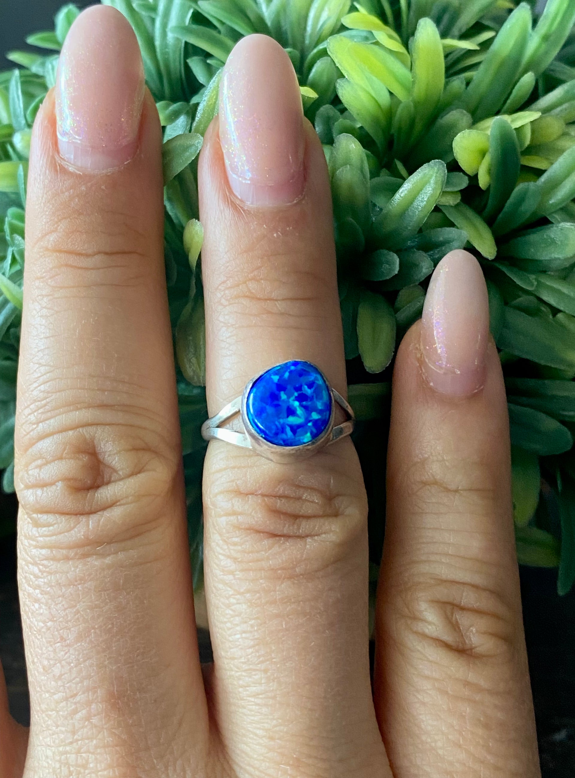 Navajo Made Blue Opal & Sterling Silver Ring Size 7.5