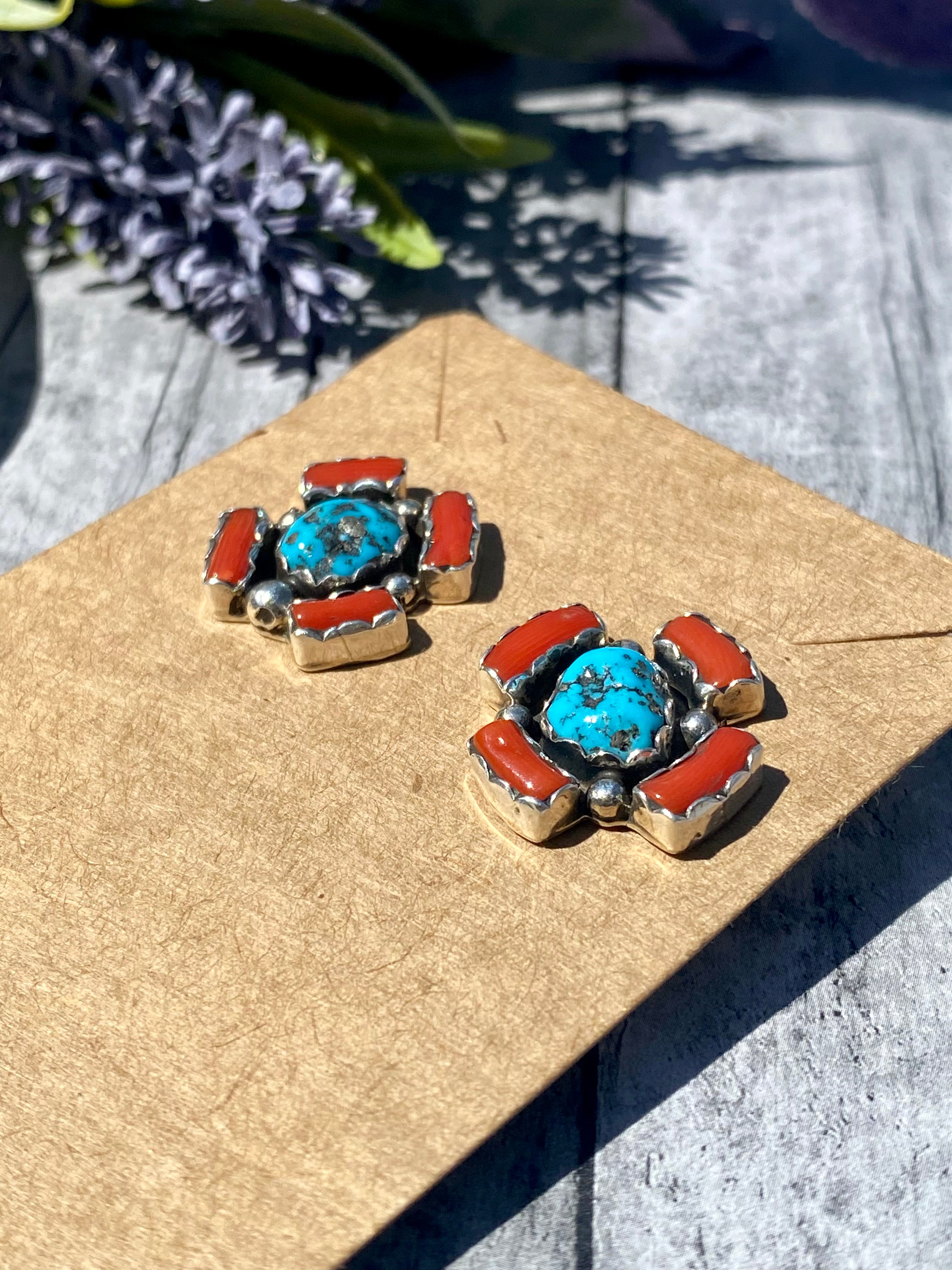 Navajo Made Kingman Turquoise & Coral Sterling Silver Post Earrings