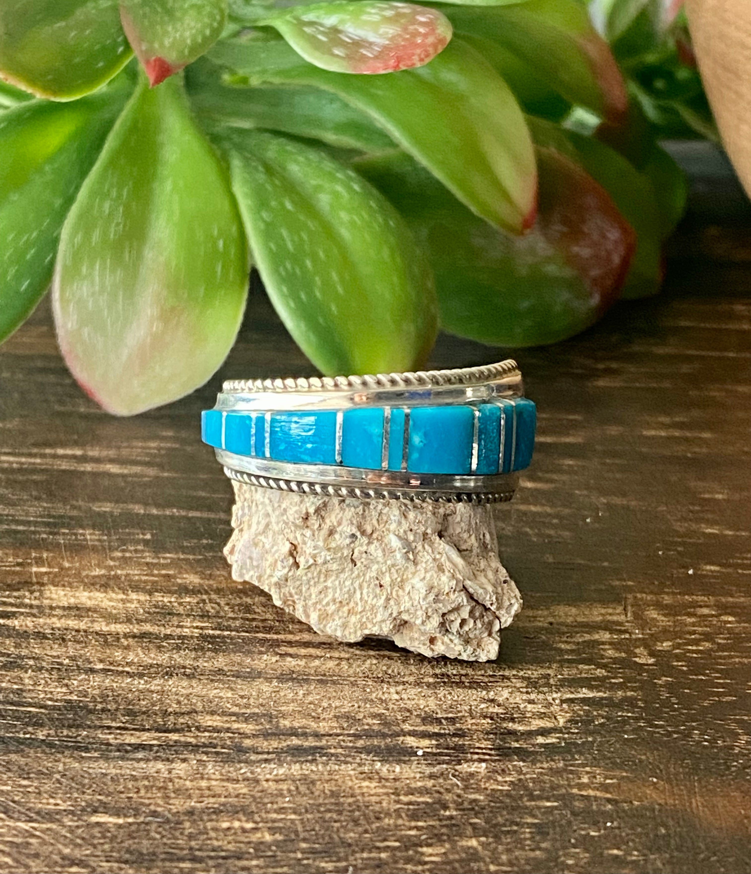Navajo Made Kingman Turquoise & Sterling Silver Inlay Ring Size 12