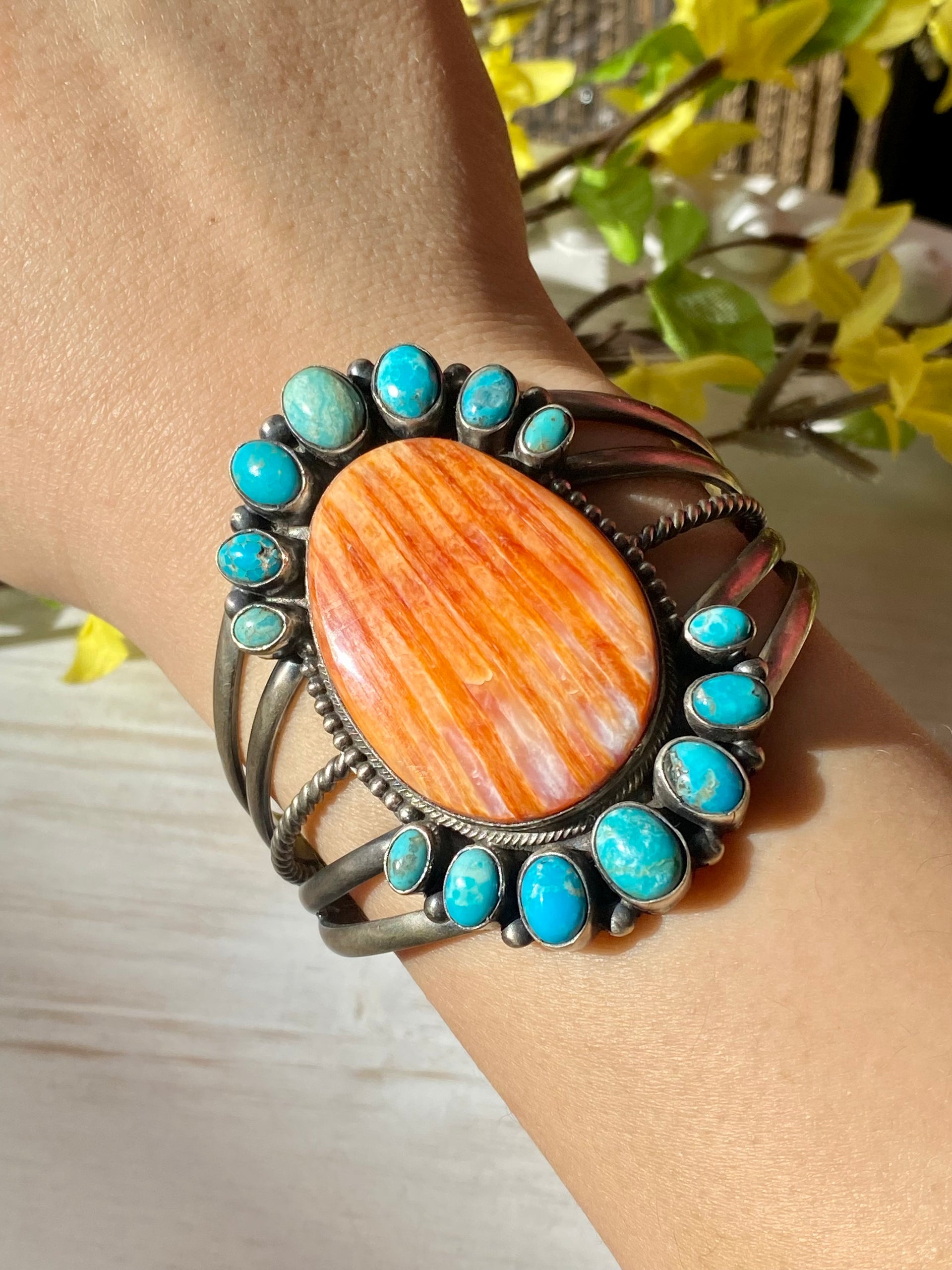 Paul Livingston Spiny Oyster & Kingman Turquoise Sterling Silver Cuff Bracelet
