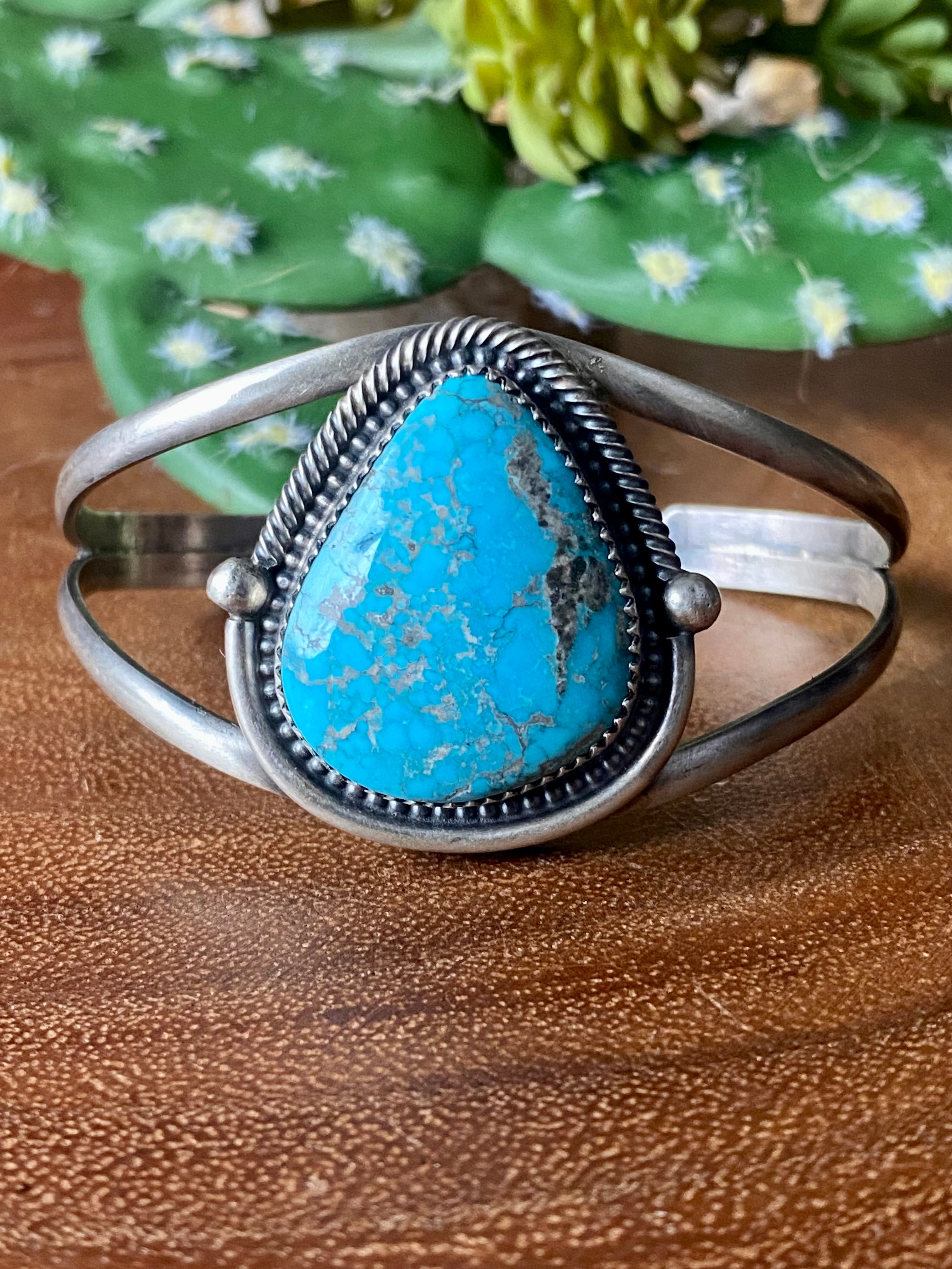 Navajo Made High Grade Kingman Turquoise & Sterling Silver Cuff Bracelet