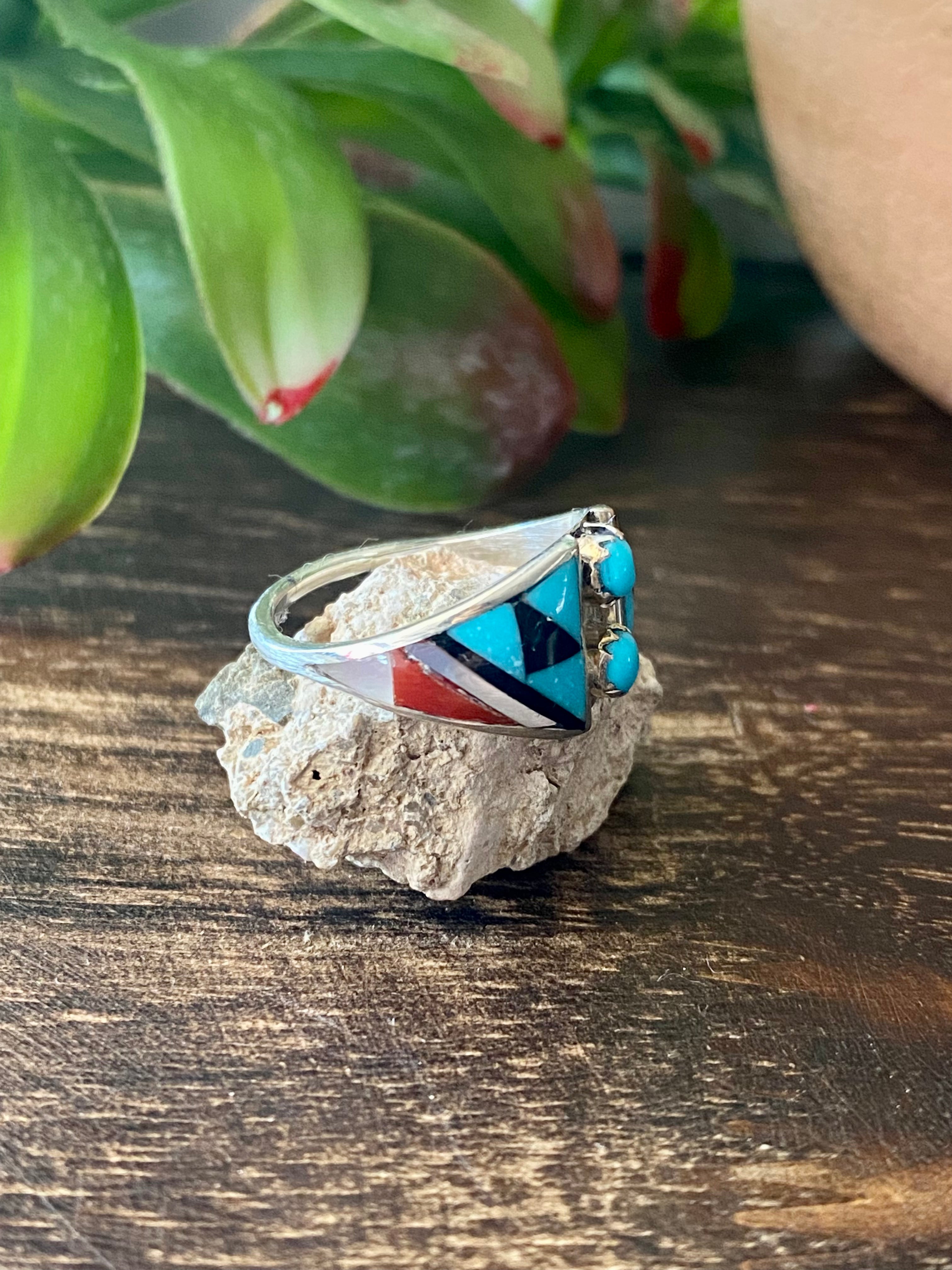 Zuni Made Multi Stone & Sterling Silver Inlay Ring Size 7.5