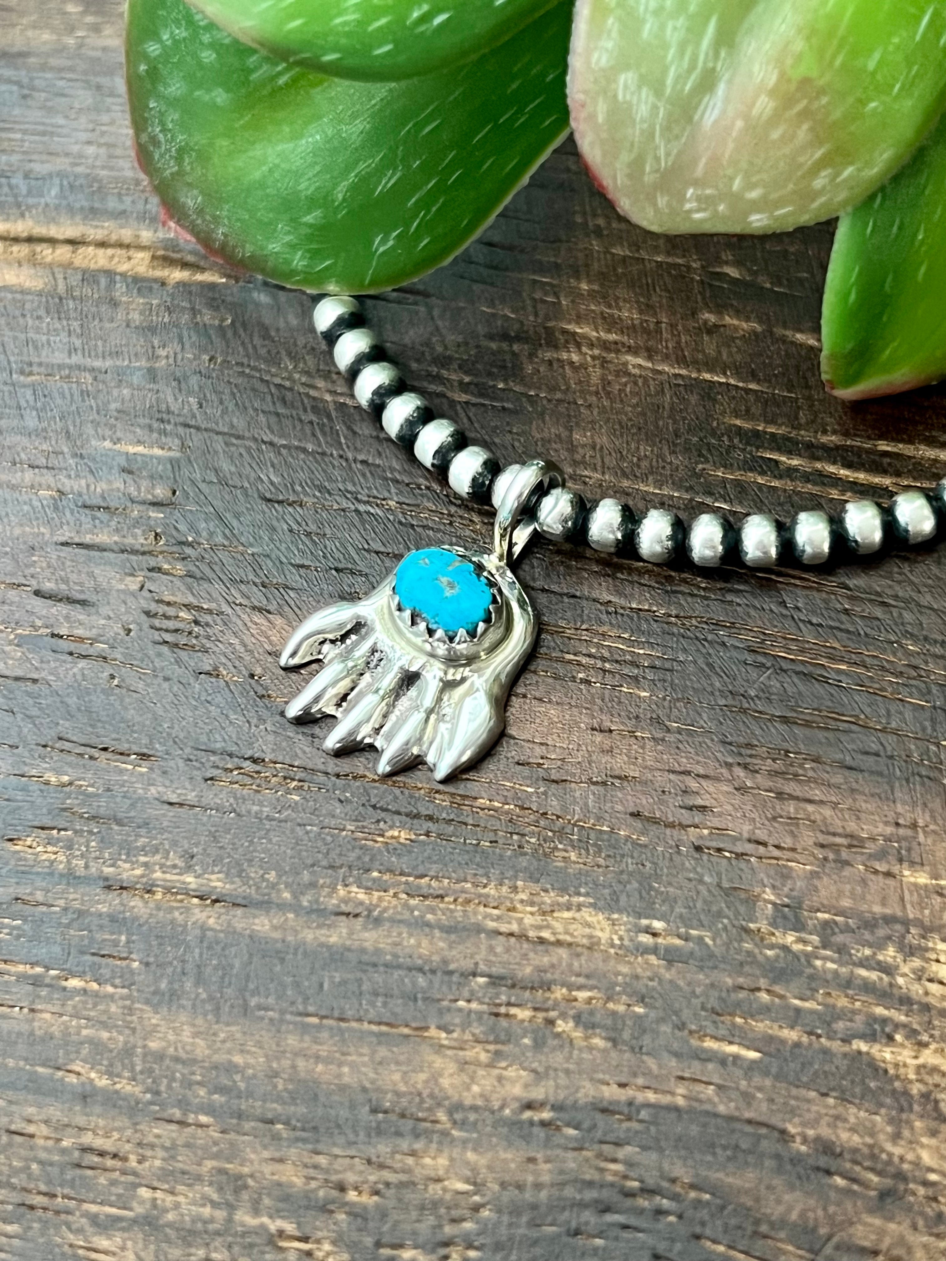 Navajo Made Kingman Turquoise & Sterling Silver Bear Claw Pendant