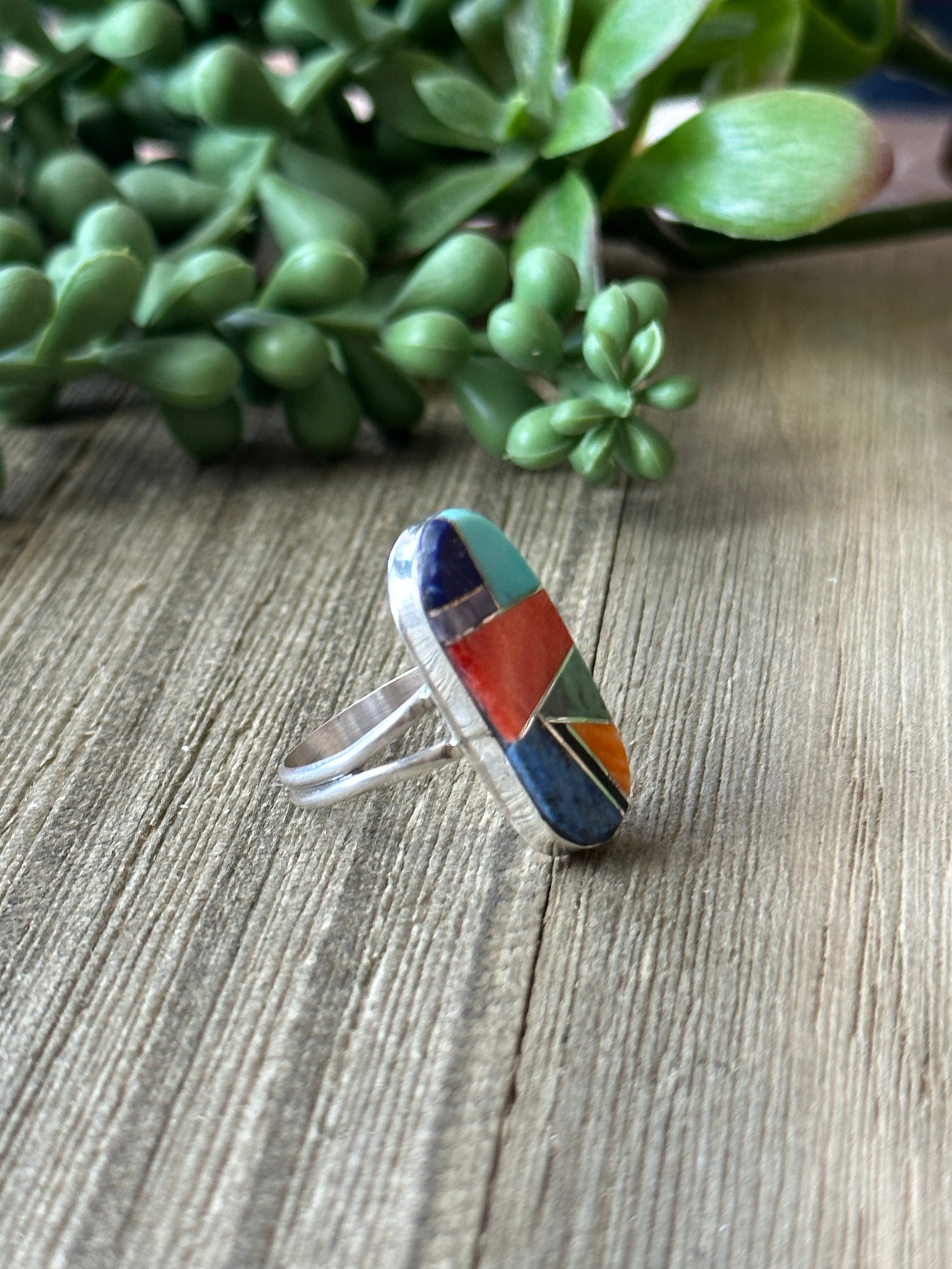 Navajo Made Multi Stone & Sterling Silver Inlay Ring Size 7.25