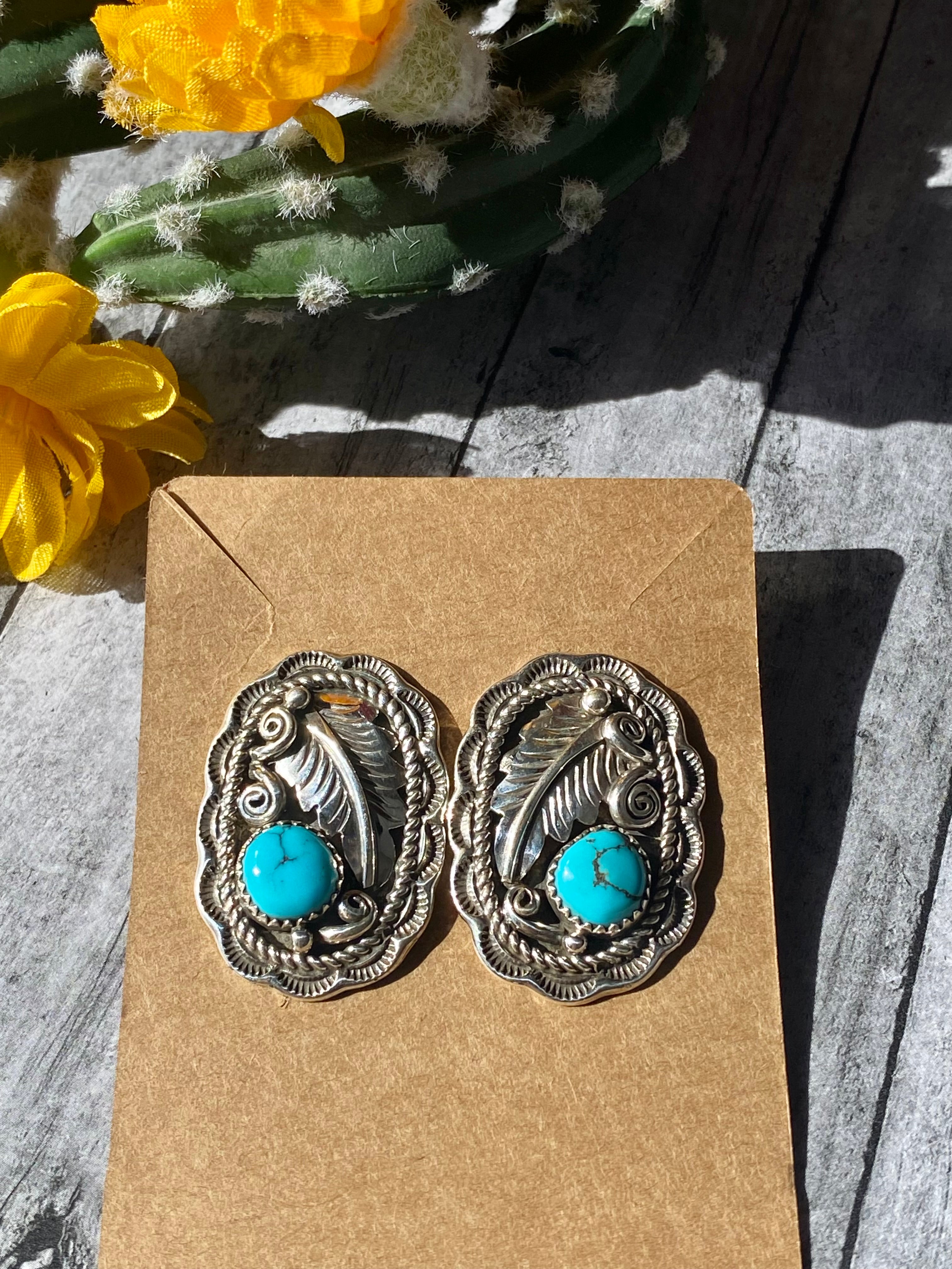 Julia Etsitty Kingman Turquoise & Sterling Silver Feather Post Dangle Earrings