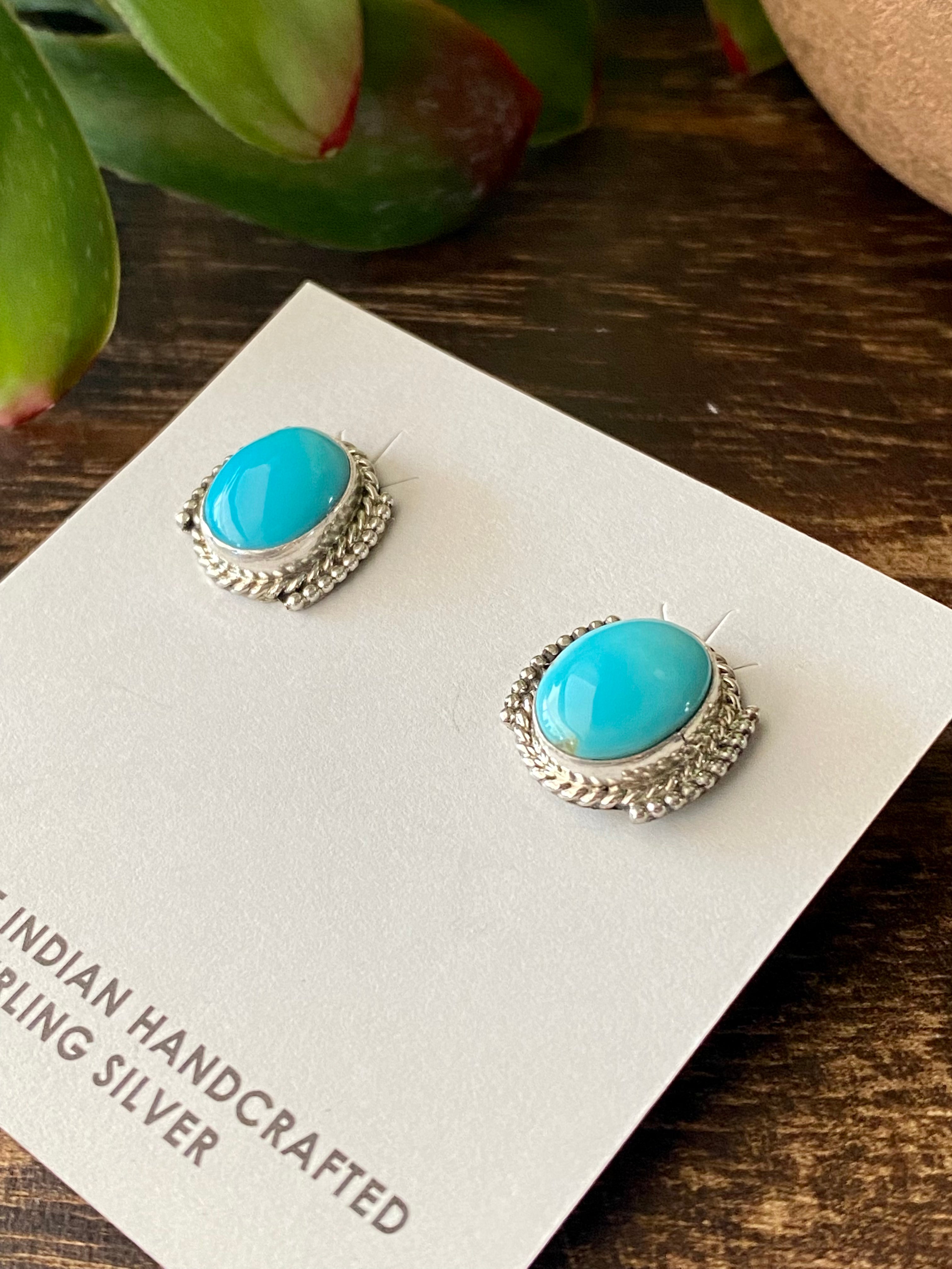 Navajo Made Kingman Turquoise & Sterling Silver Post Earrings