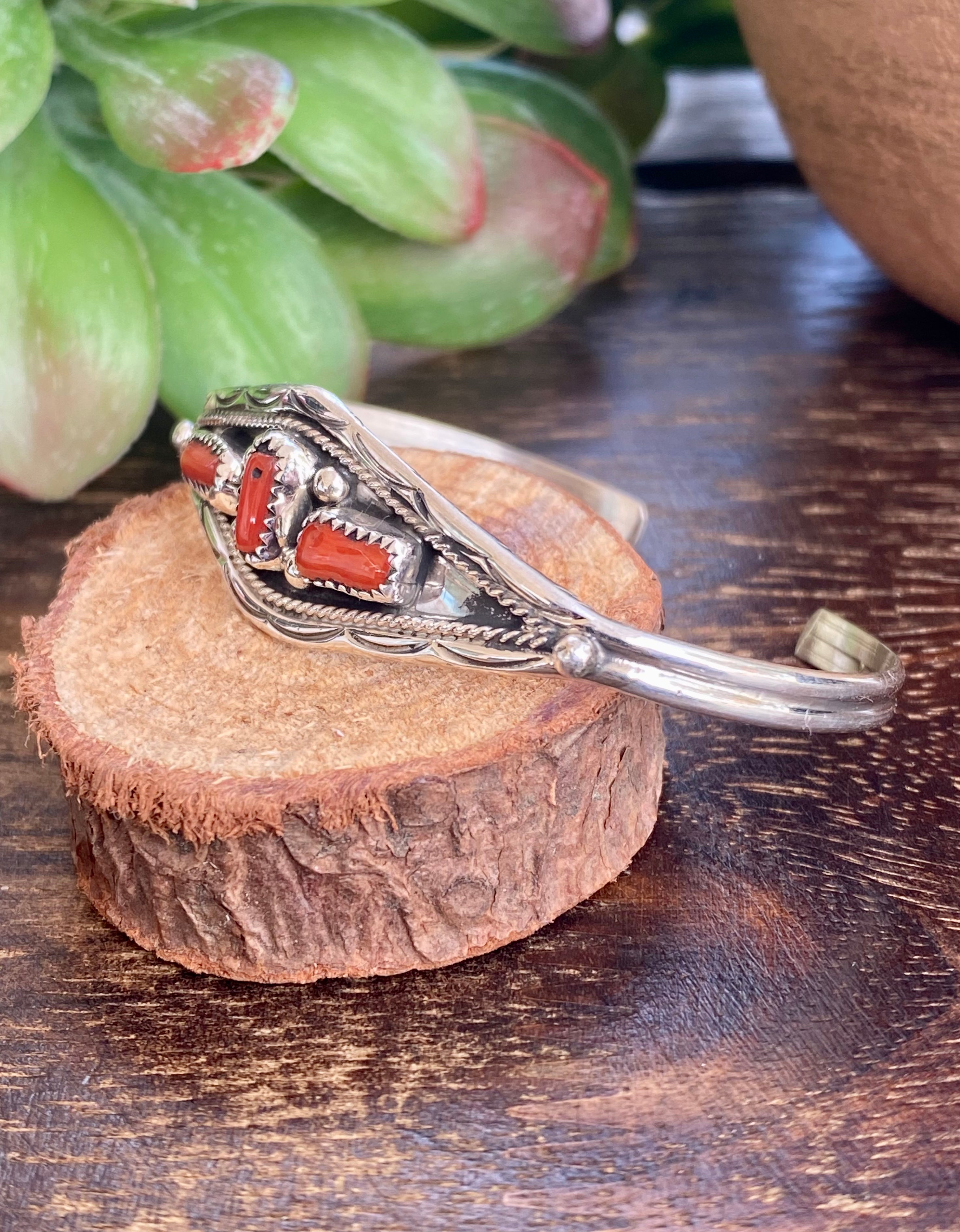 Navajo Made Coral & Sterling Silver Cuff Bracelet