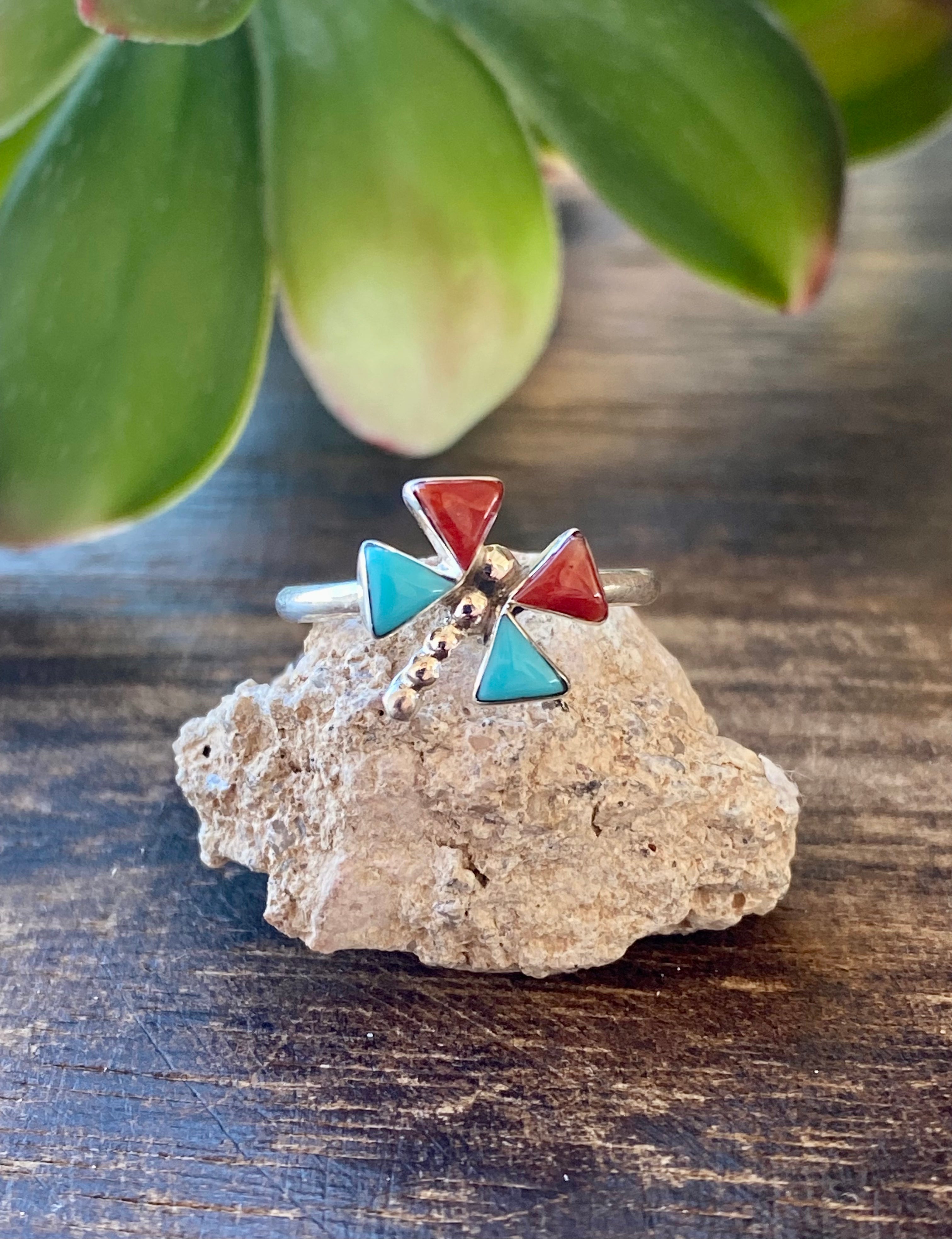 Zuni Made Turquoise & Coral Sterling Silver Dragonfly Ring Size 5.5