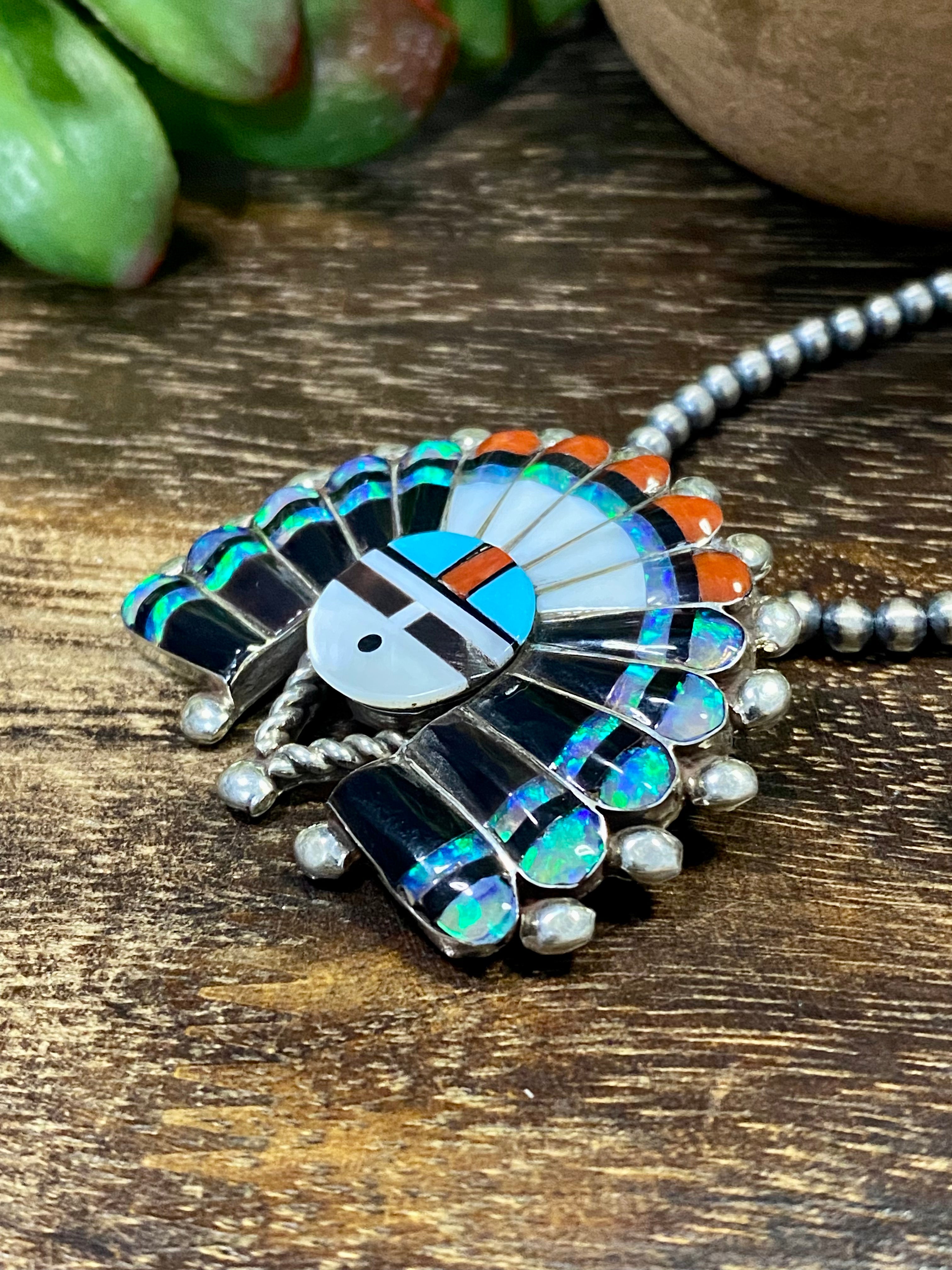 Vintage Zuni Made Multi Stone & Sterling Silver Inlay Sunface Pin/Pendant