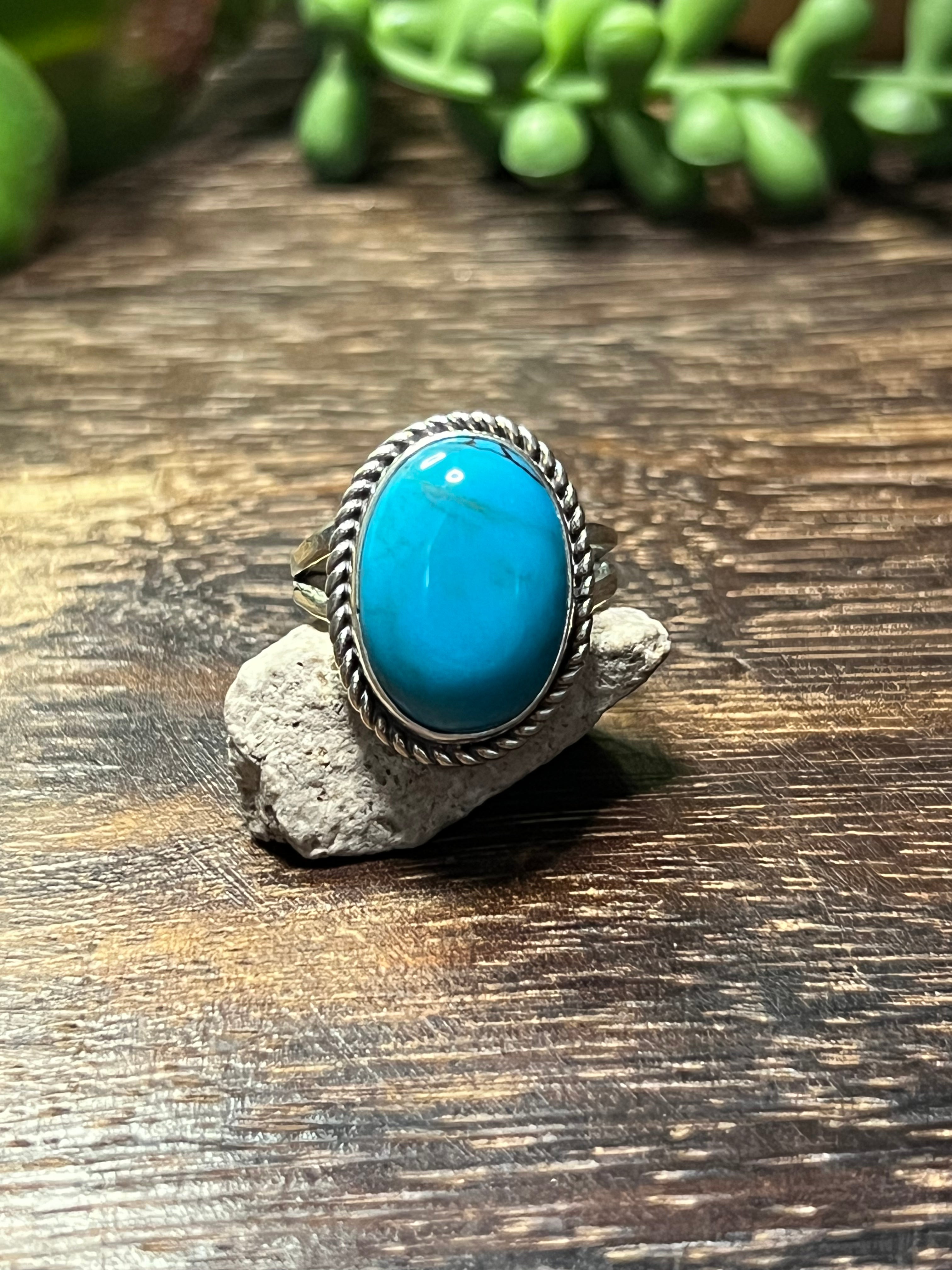 Eli Skeets Kingman Turquoise & Sterling Silver Ring Size 8.25