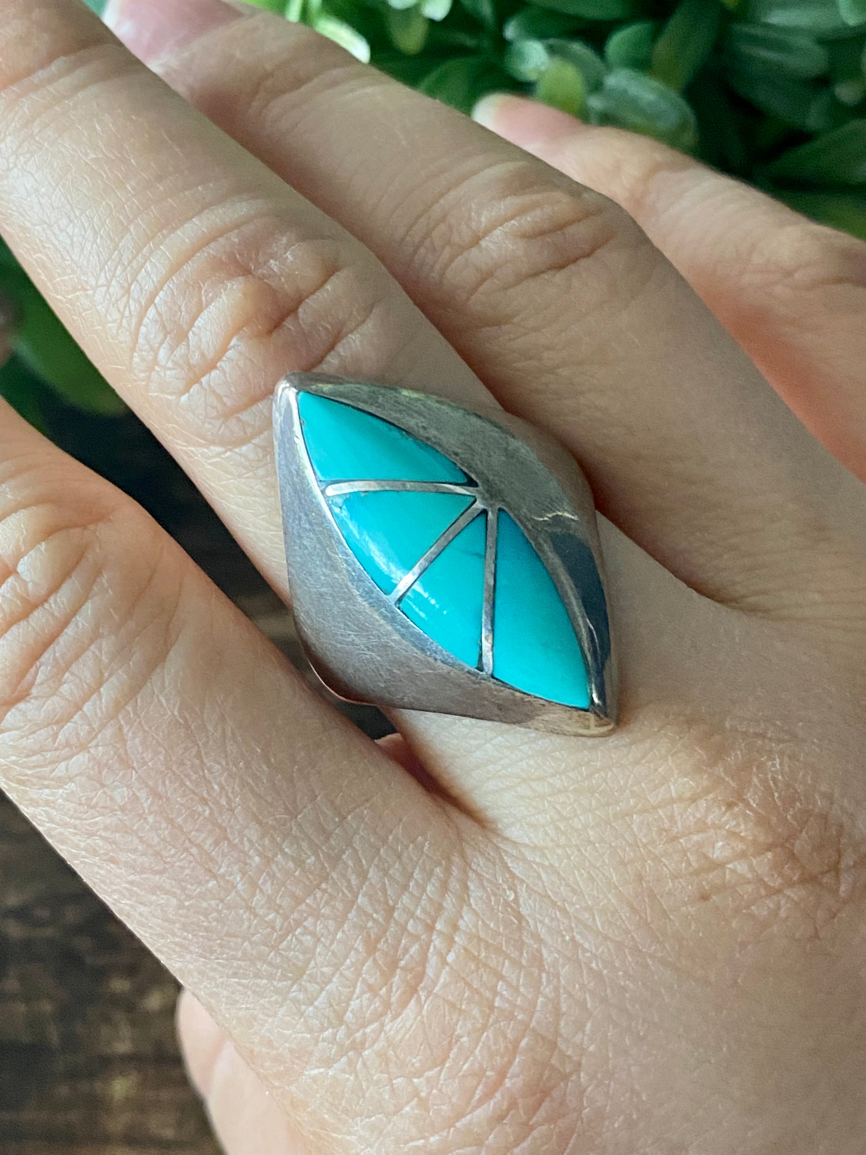 Vintage Southwest Handmade Turquoise  & Sterling Silver Inlay Ring Size 10.75
