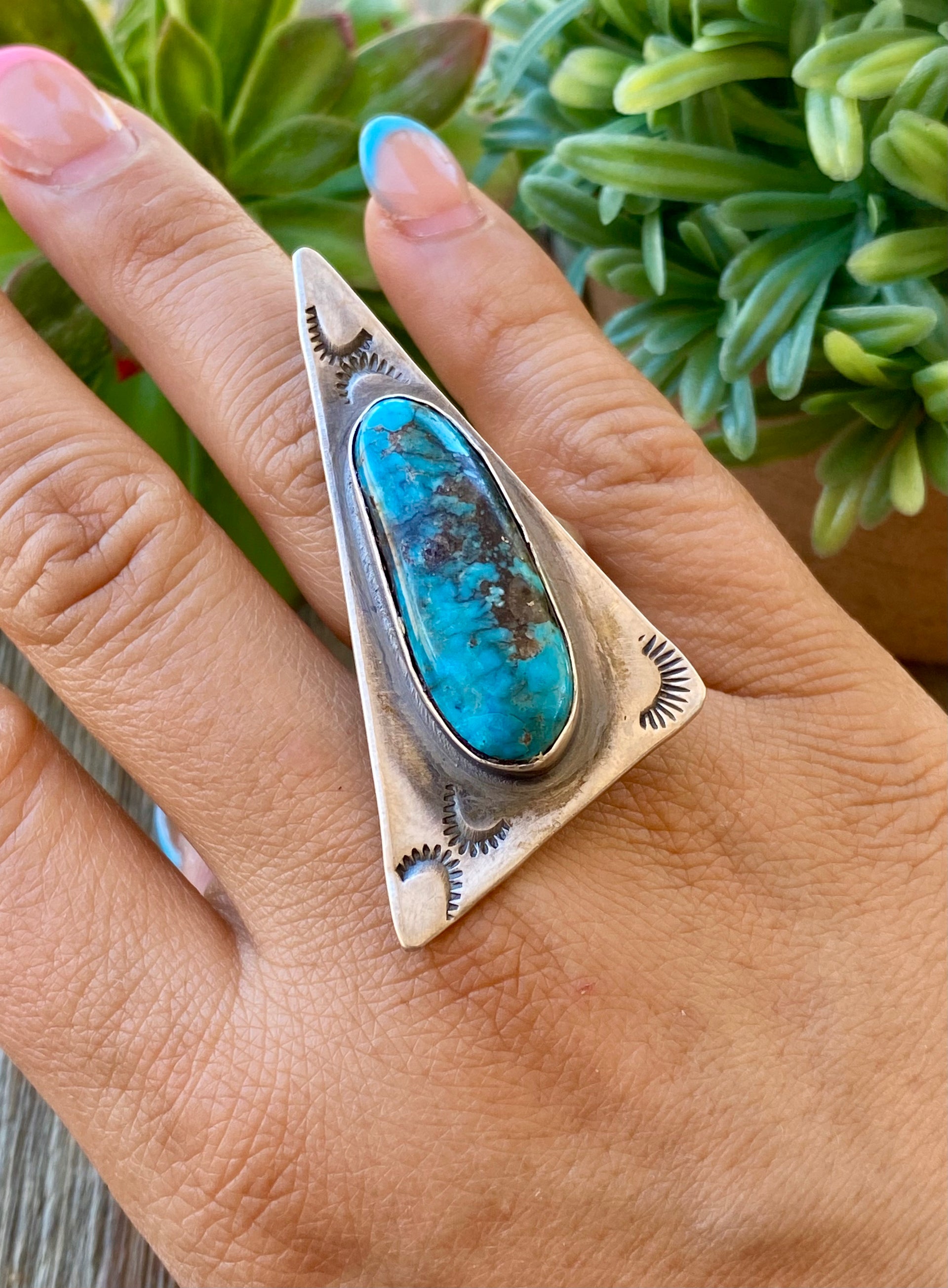 Delbert Shirley Kingman Turquoise & Sterling Silver Adjustable Ring Size 7.5